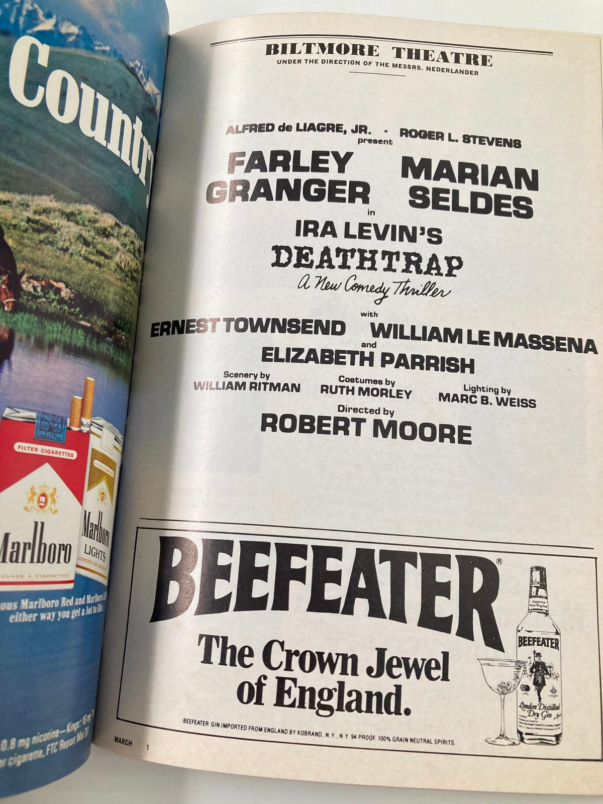 Another interior page of the 1982 Playbill for Deathtrap, displaying the cast and production details featuring Farley Granger and Marian Seldes.