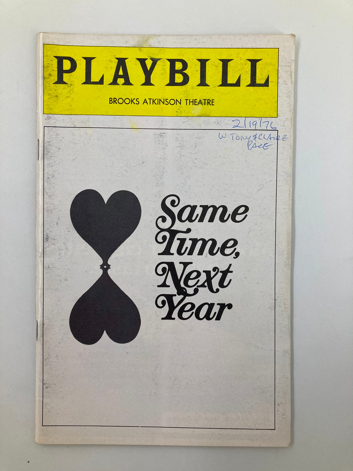 1976 Playbill for Same Time, Next Year at Brooks Atkinson Theatre featuring a design with hearts.