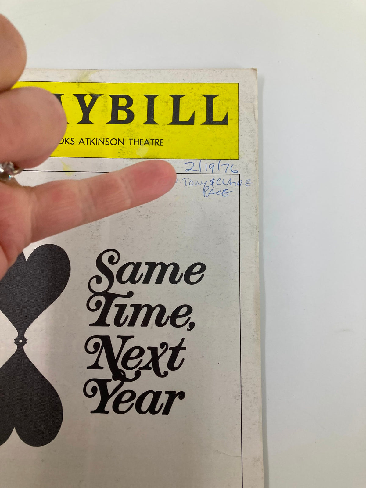 Close-up of the 1976 Playbill for Same Time, Next Year, showing writing on the cover and highlighting its vintage appeal.