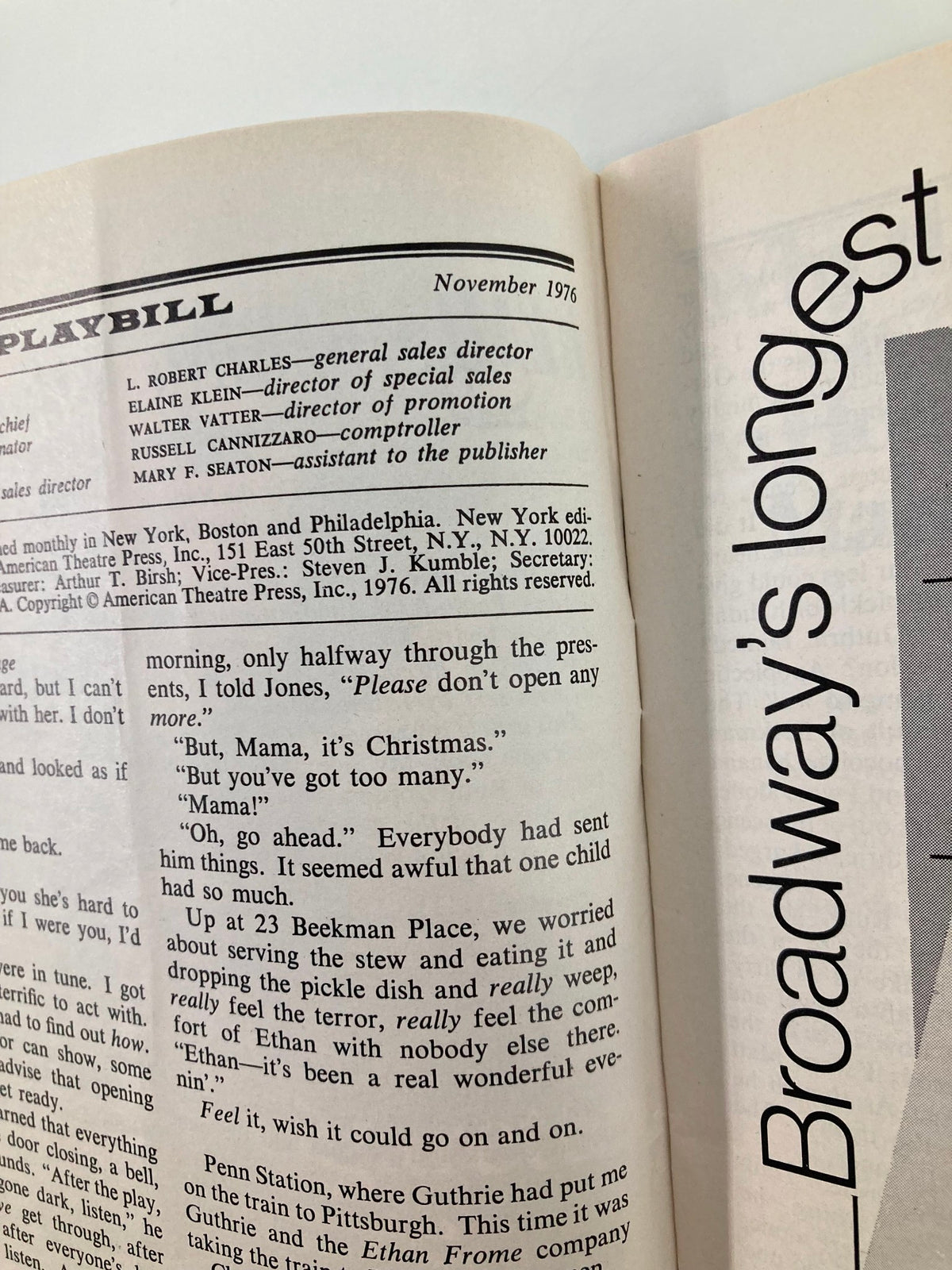 Interior page of the 1976 Playbill for Same Time, Next Year featuring a script excerpt and production details.