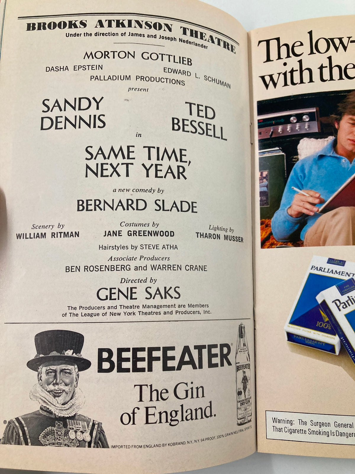 Another interior page of the 1976 Playbill for Same Time, Next Year showcasing advertisements and cast information.