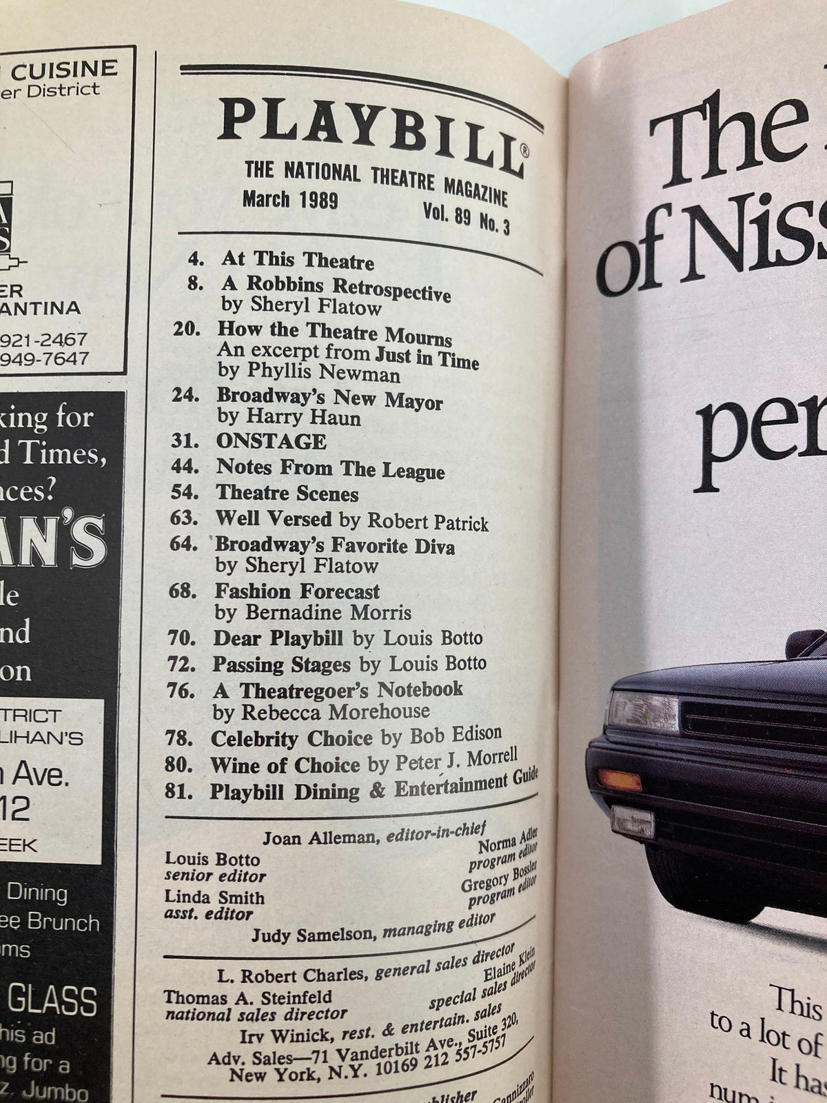 Interior page of the March 1989 Playbill for Les Miserables, displaying the table of contents and articles relevant to Broadway productions during that time.