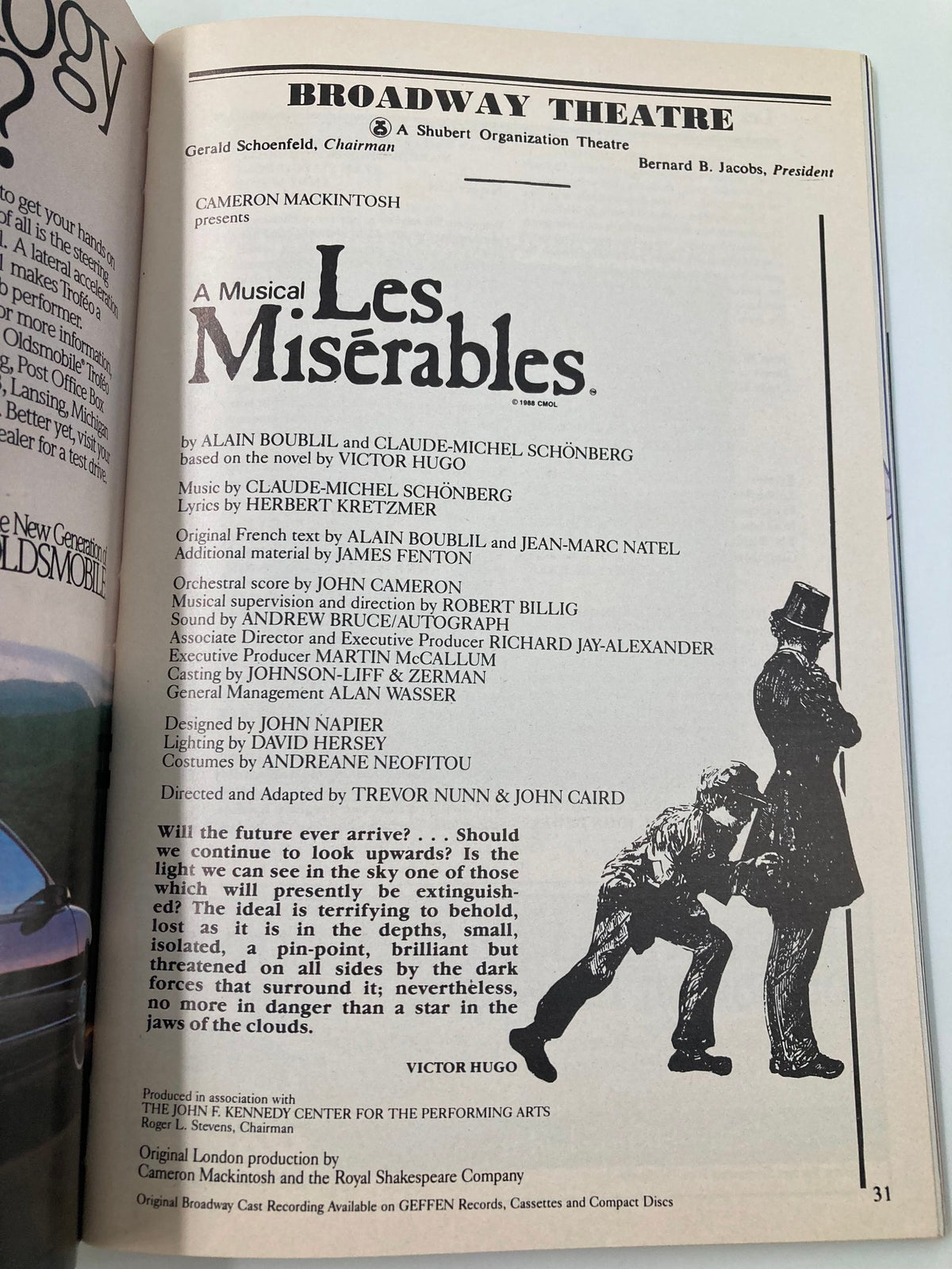 1989 Playbill for the Broadway musical Les Miserables by Alain Boublil, featuring cast and crew details, notable quotes, and a striking silhouette illustration.