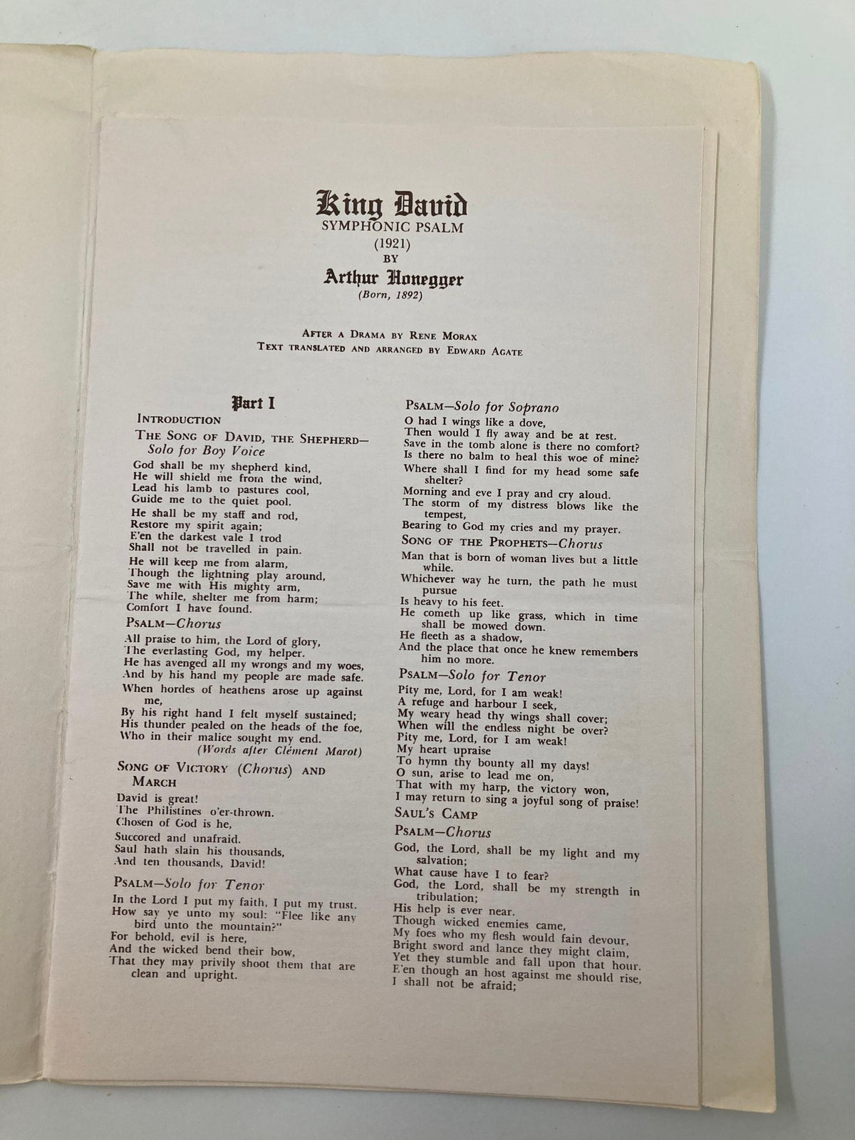 Interior page of the 1956 Canterbury Choral Society program for Arthur Honegger's King David, detailing the symphonic psalm's structure and solos.