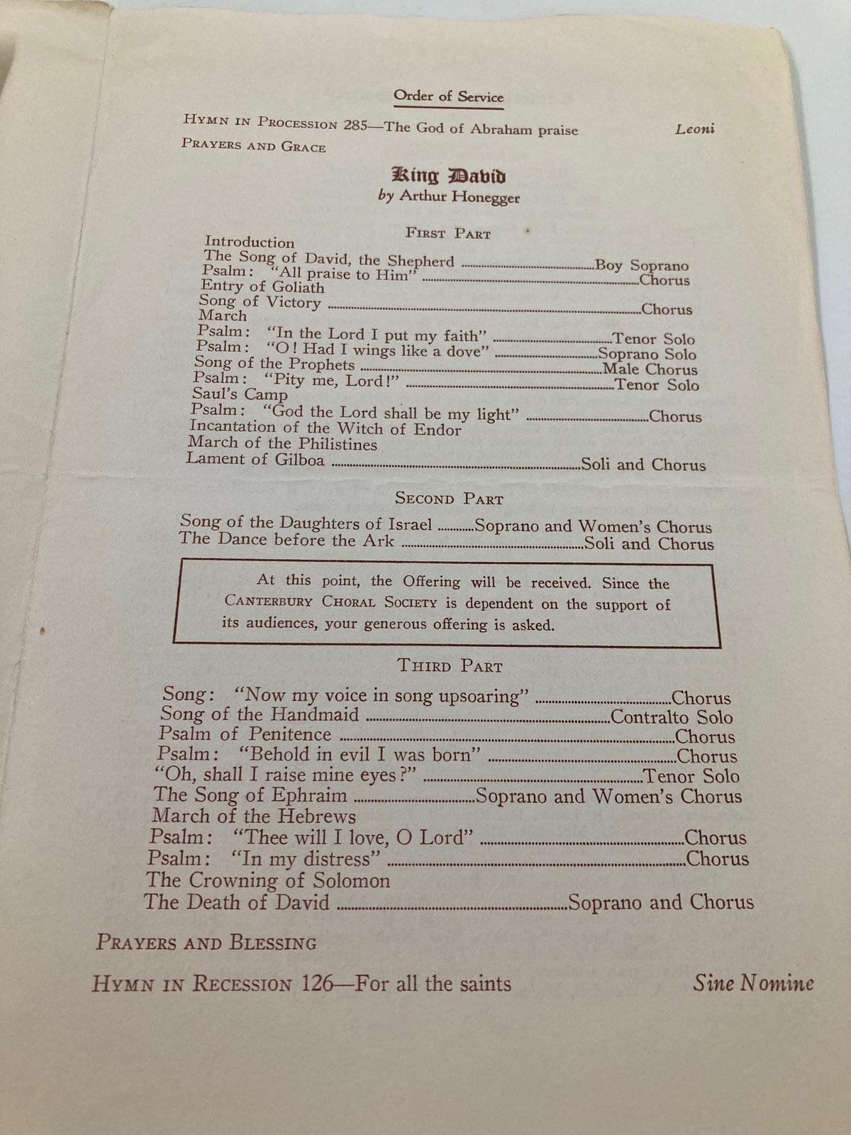 1956 Canterbury Choral Society King David Performance program detailing the order of service, including hymns and choral selections from Arthur Honegger's work.