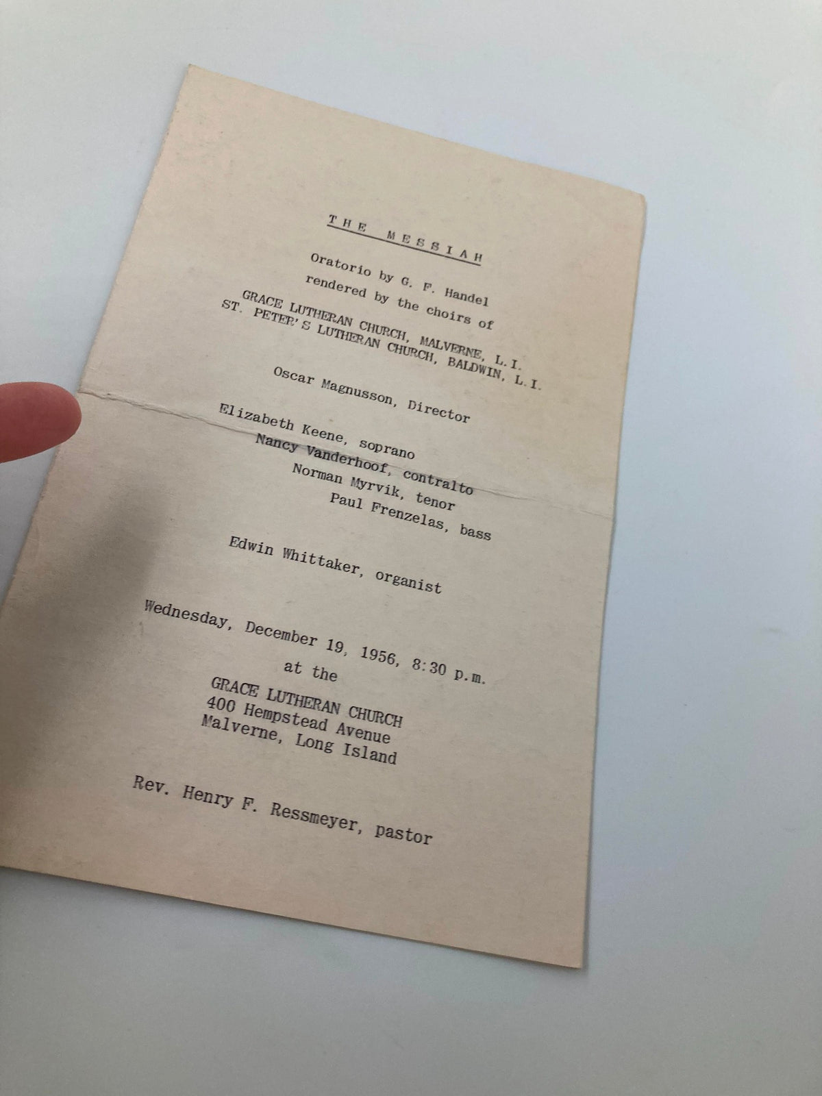 1956 Grace Lutheran Church Program The Messiah with details of the performance date and location, including Malverne, Long Island.