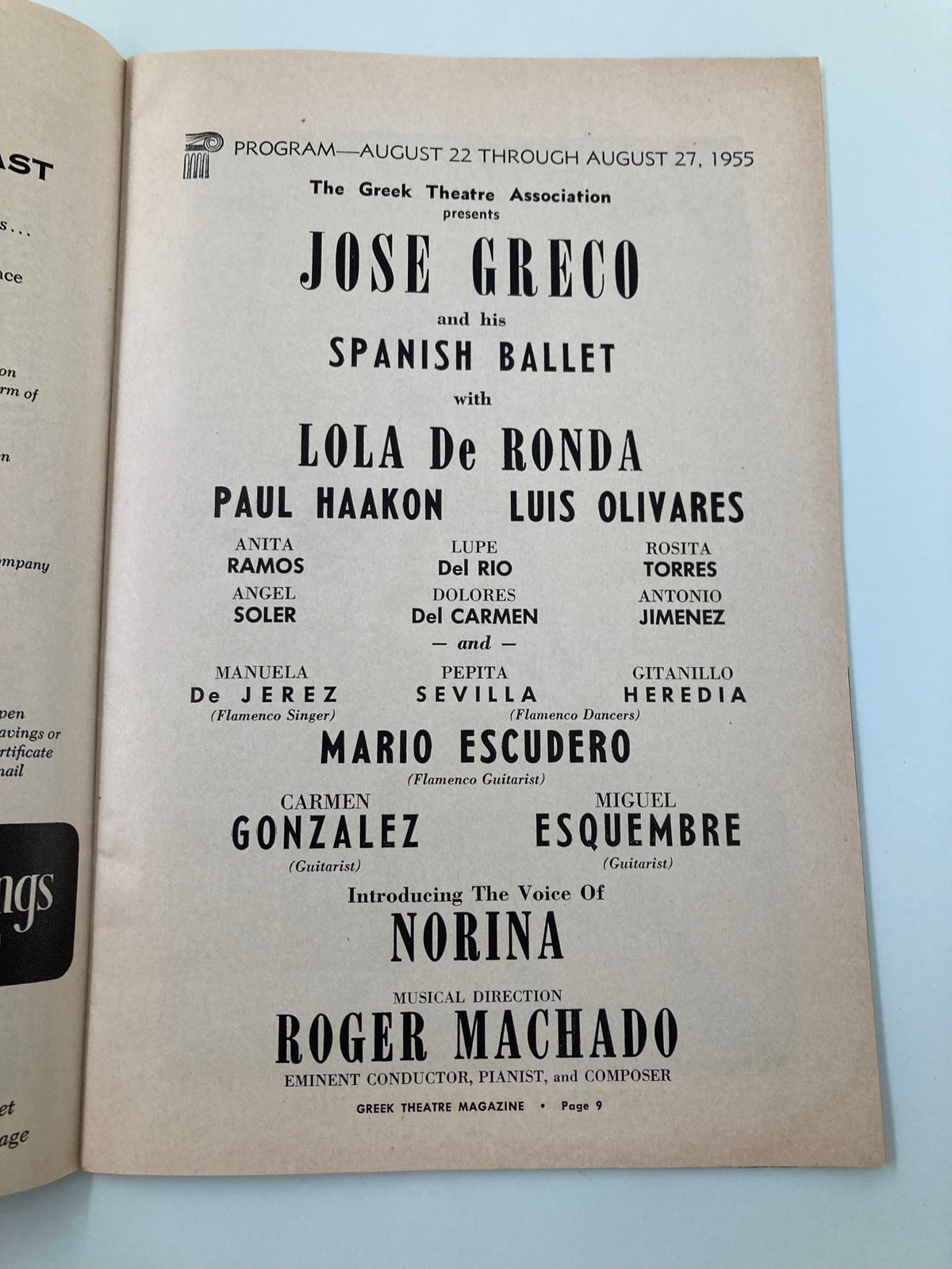 Inside page of the 1955 Greek Theatre magazine featuring the performance schedule for Jose Greco and his Spanish Ballet, including details about Lola De Ronda and Paul Haakon, highlighting the program from August 22 to 27.