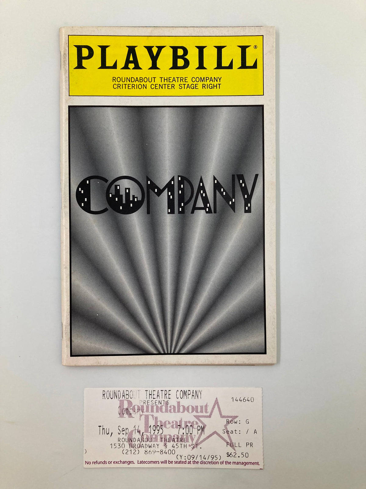 1995 Playbill Criterion Center Stage Right for the Roundabout Theatre Company performance of Company with a ticket stub included.