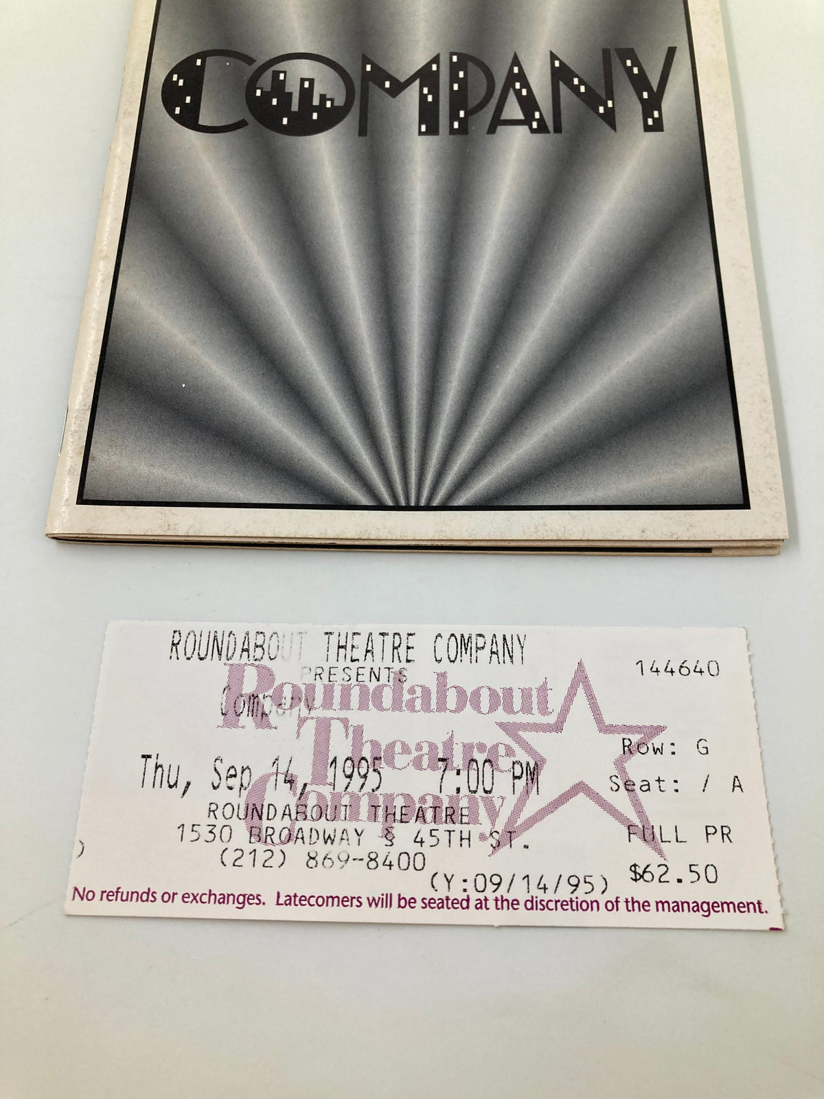 Close-up of the 1995 Playbill Criterion Center Stage Right including the ticket for the Roundabout Theatre Company's performance of Company.