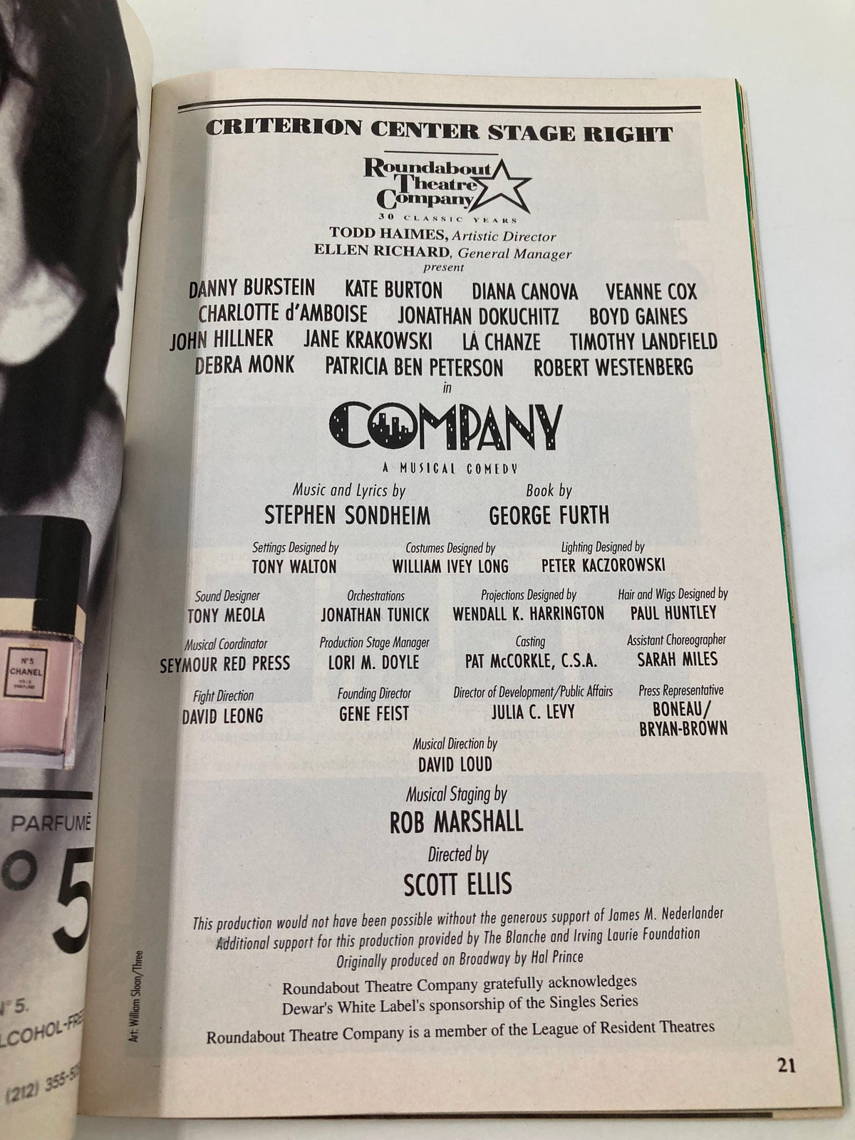1995 Playbill for Criterion Center Stage Right featuring the cast of Company including Danny Burstein and Kate Burton, showcasing the performance details and artistic team.