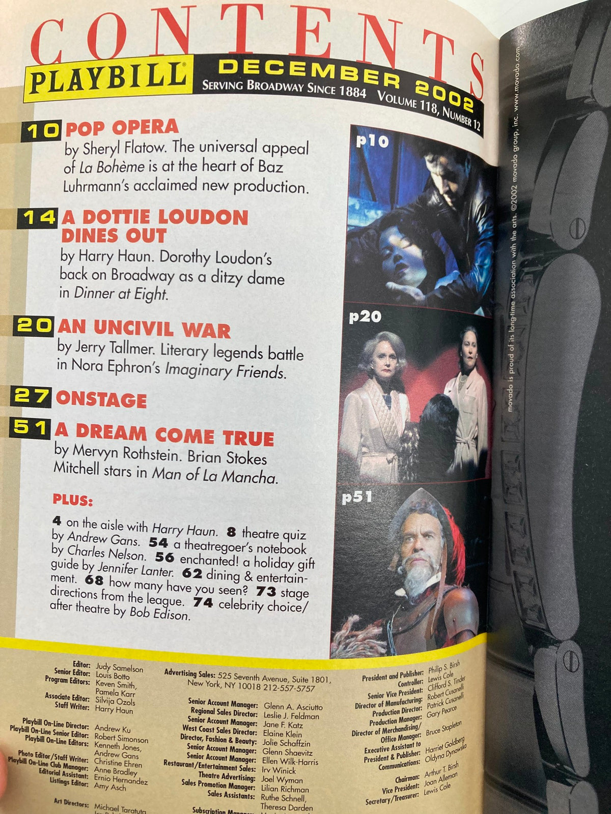 Contents page of the December 2002 Playbill for Man of La Mancha showcasing upcoming features and articles.