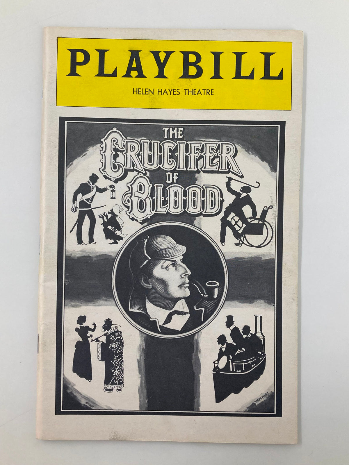 1979 Playbill for The Crucifier of Blood at Helen Hayes Theatre showcasing a vintage black and white cover design featuring iconic theater graphics.