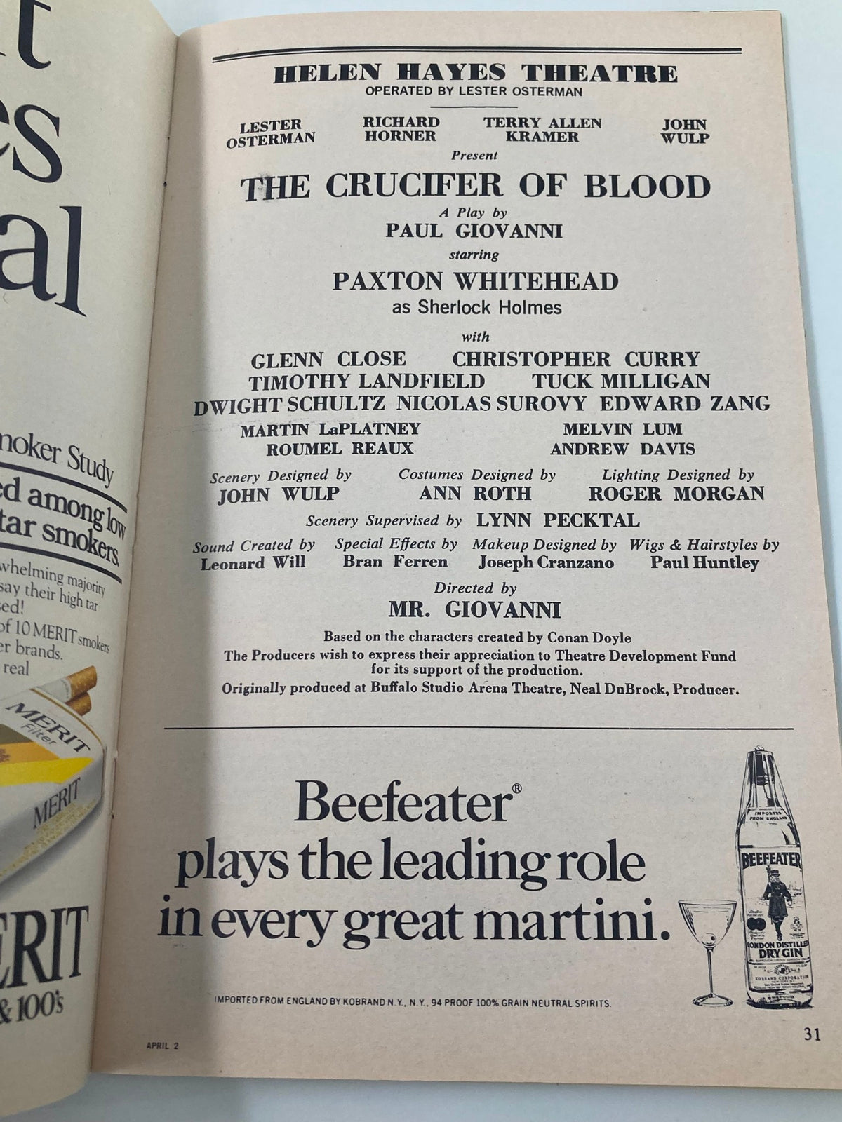 Cast list and production details for The Crucifier of Blood in the 1979 Playbill from Helen Hayes Theatre, highlighting key performers and artistic contributors.