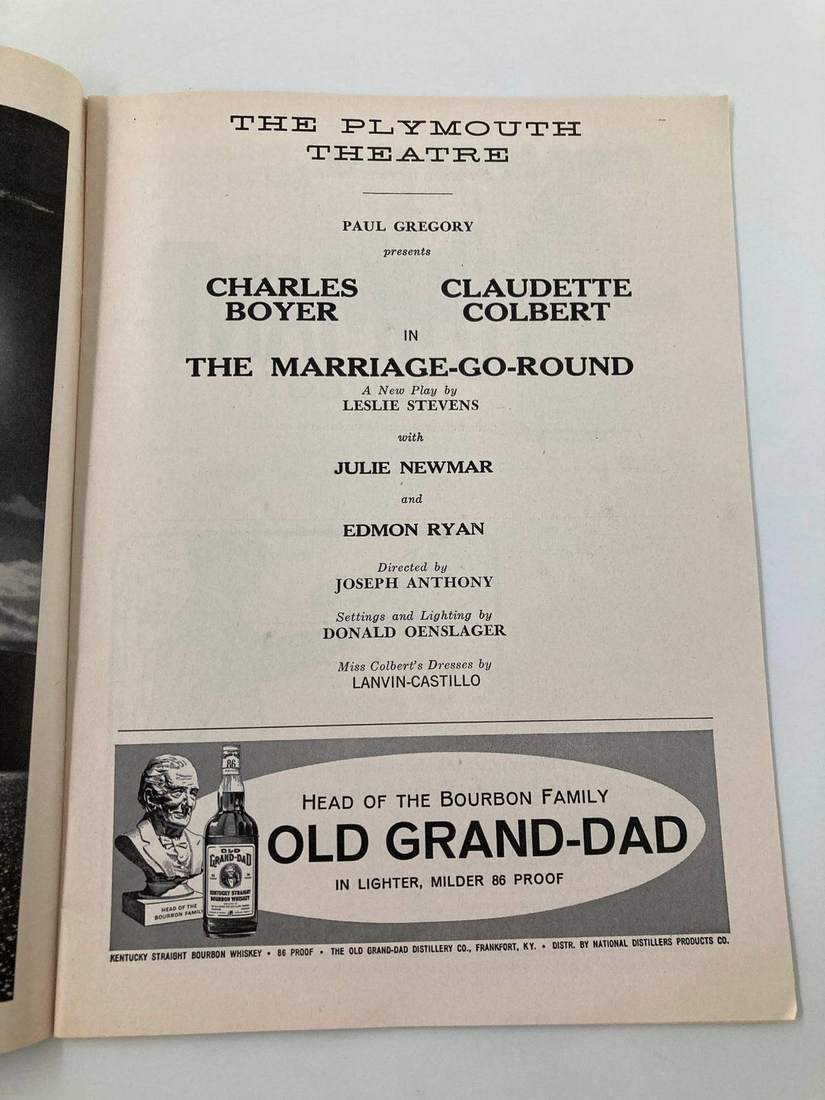 Inside page of the 1960 Playbill for The Marriage-Go-Round, featuring Charles Boyer and Claudette Colbert, showcasing cast details and production information.