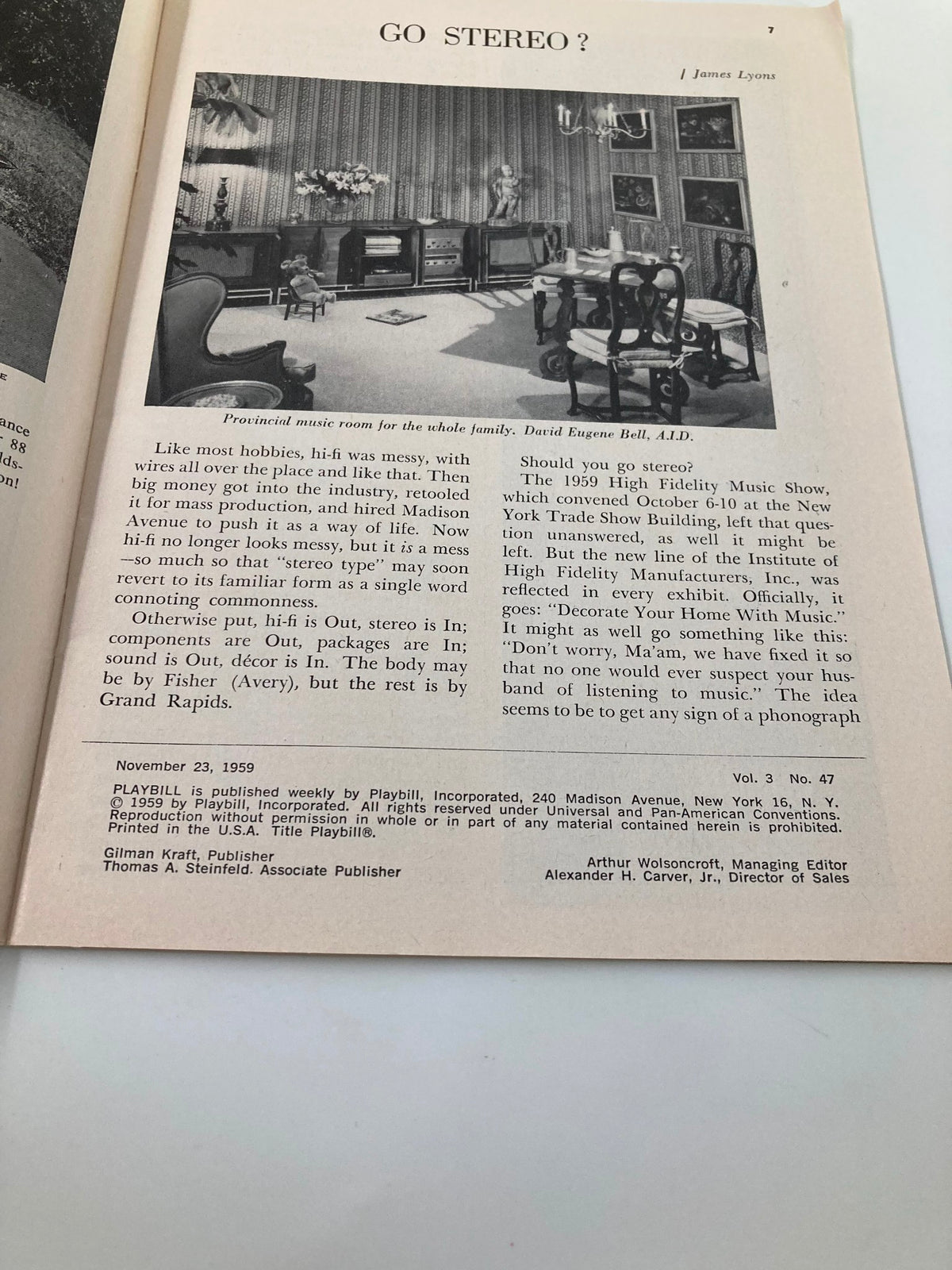 Inside page of the 1959 Playbill for Destry Rides Again featuring a vintage advertisement for stereo equipment.