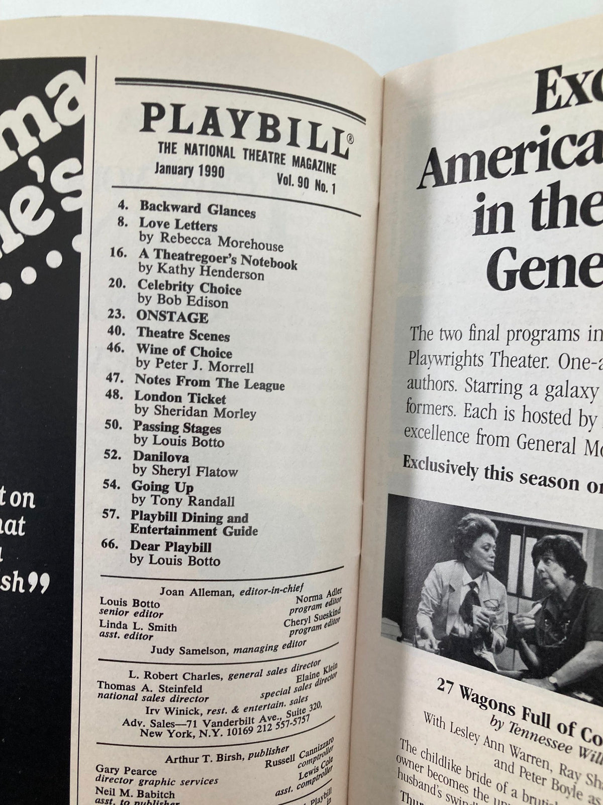 Inside page of the January 1990 Playbill from the Martin Beck Theatre, featuring various theater listings including 'Grand Hotel The Musical' starring Karen Akers.