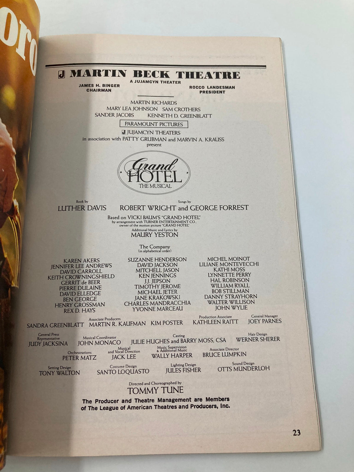 Details from the Martin Beck Theatre's 'Grand Hotel The Musical' Playbill page, listing cast and crew including Karen Akers, showcasing vintage Broadway memorabilia.