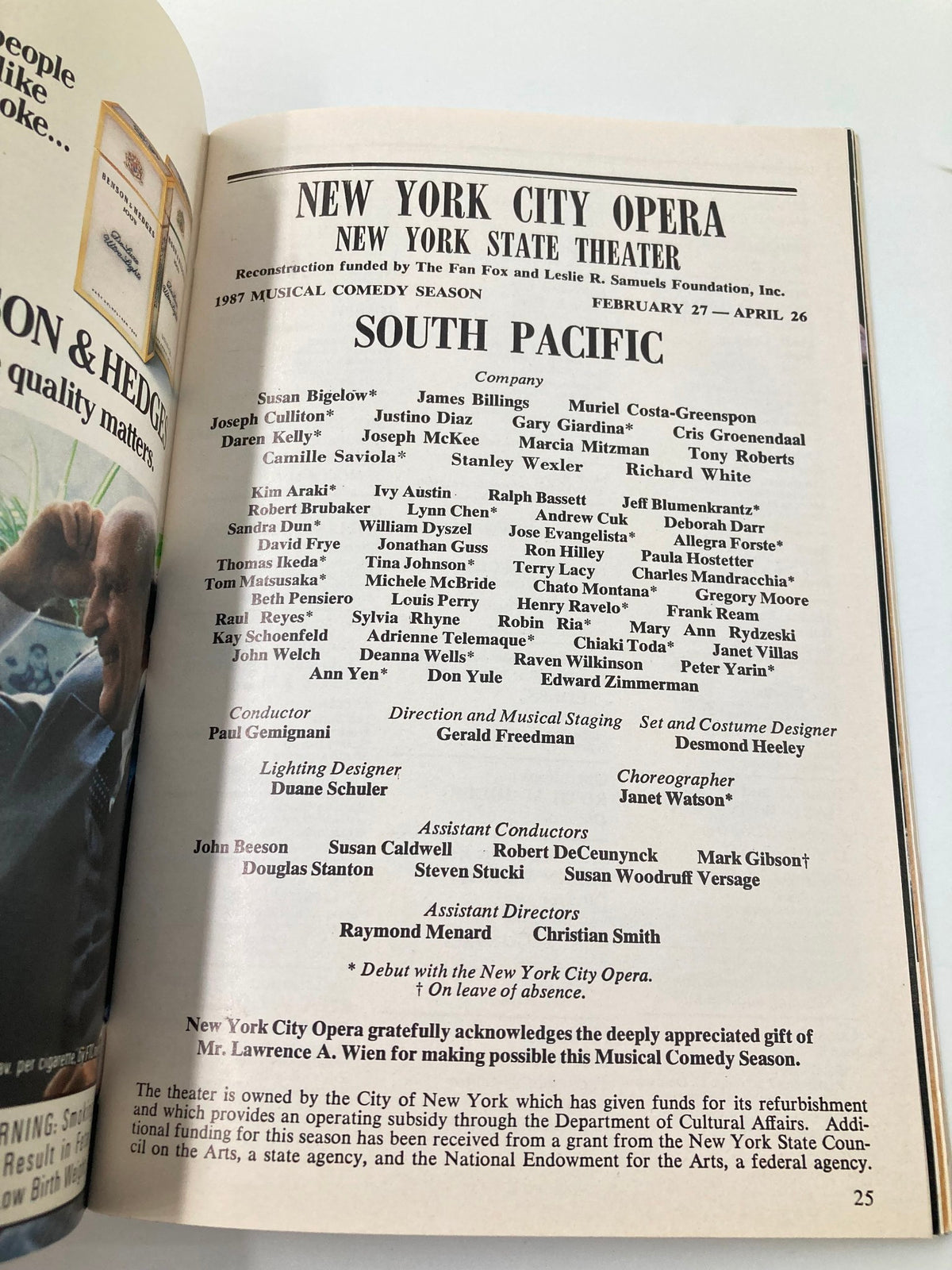 Interior page from the 1986 New York City Opera South Pacific program listing cast and creative team.