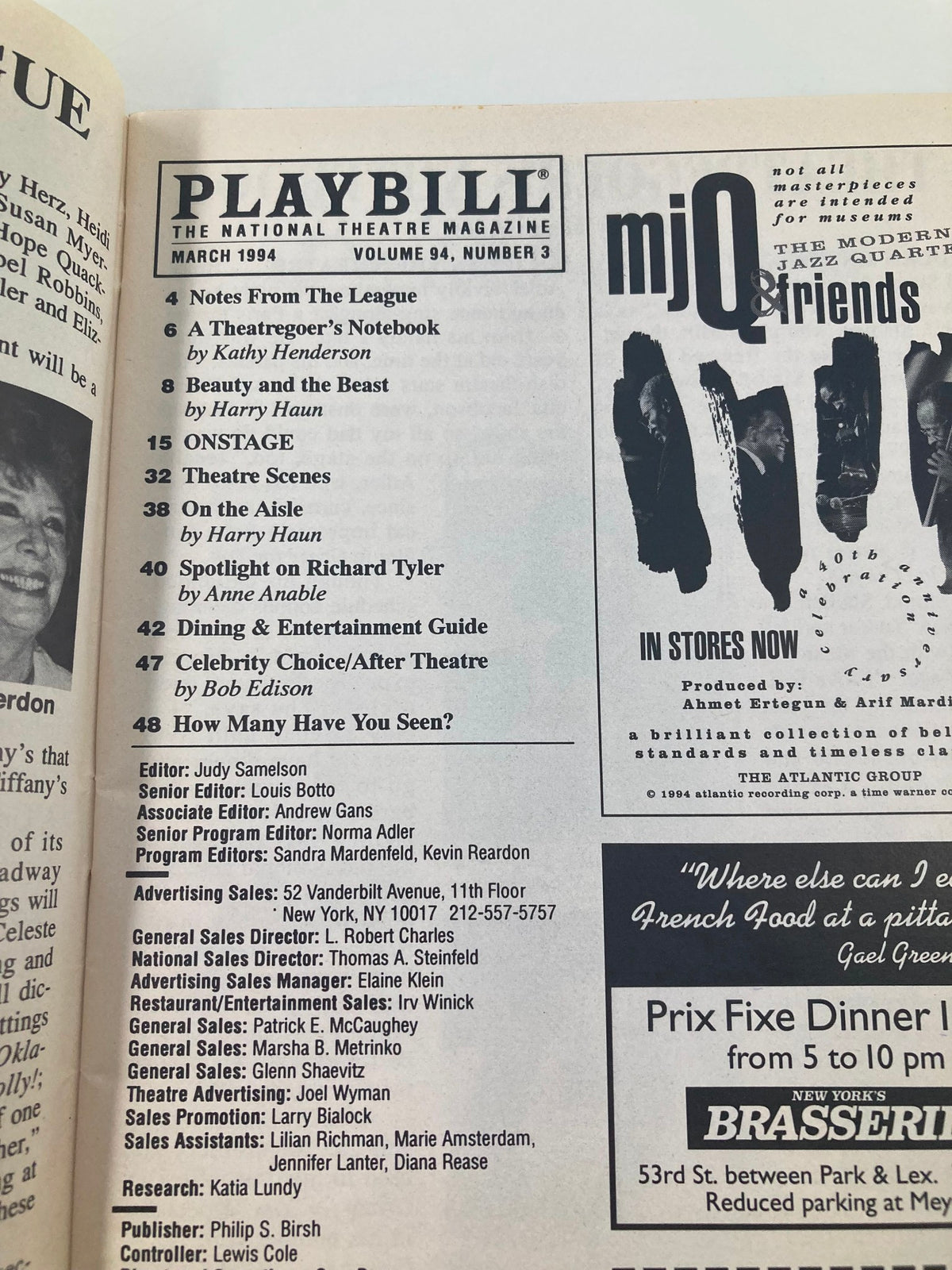 Inside page from the 1994 Playbill for Cyrano Musical at Neil Simon Theater, showcasing various Broadway advertisements and articles.
