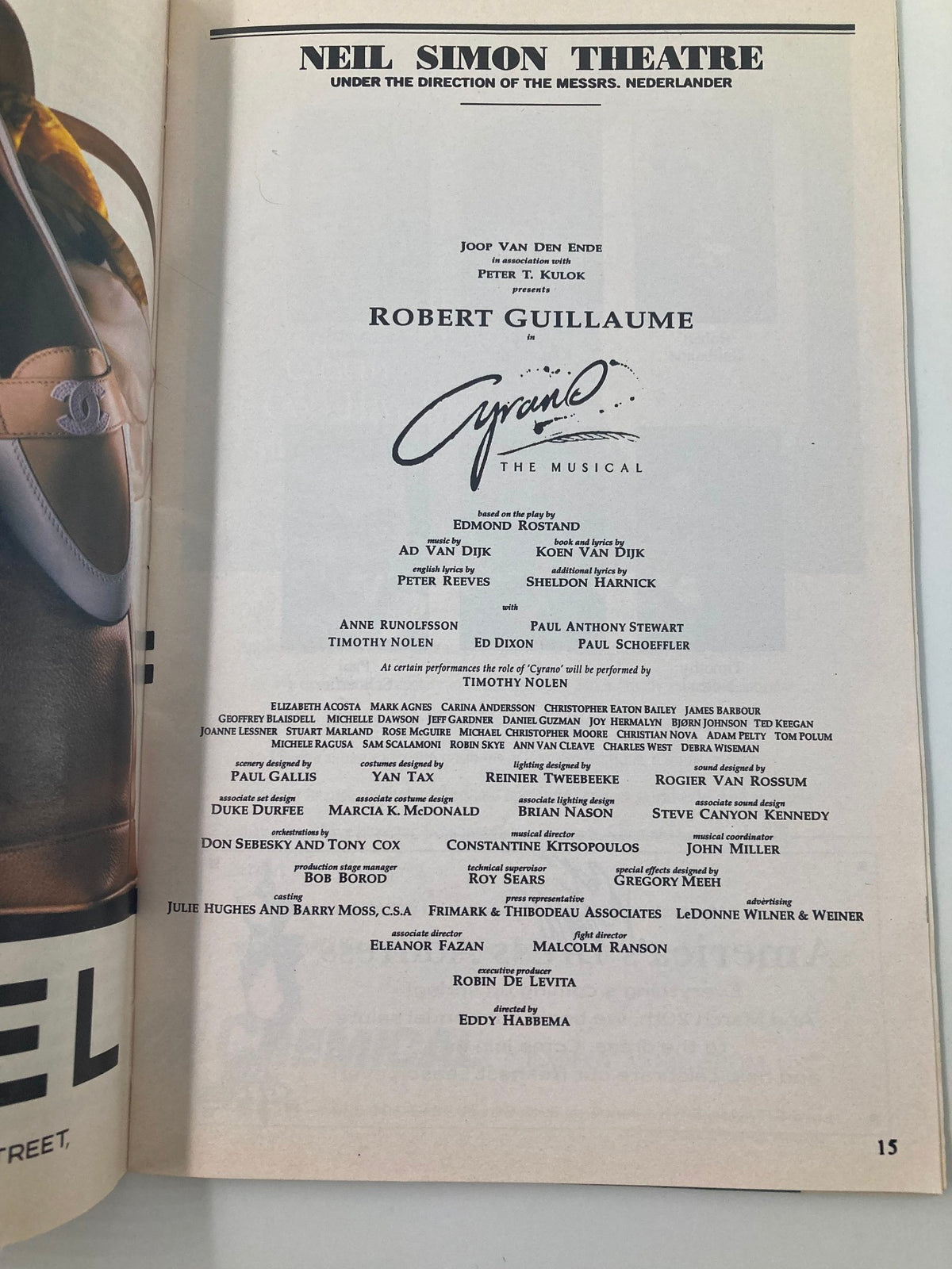 Second page of the 1994 Playbill for Cyrano Musical at Neil Simon Theater, featuring cast and crew credits including Anne Runolfsson and Ed Dixon.