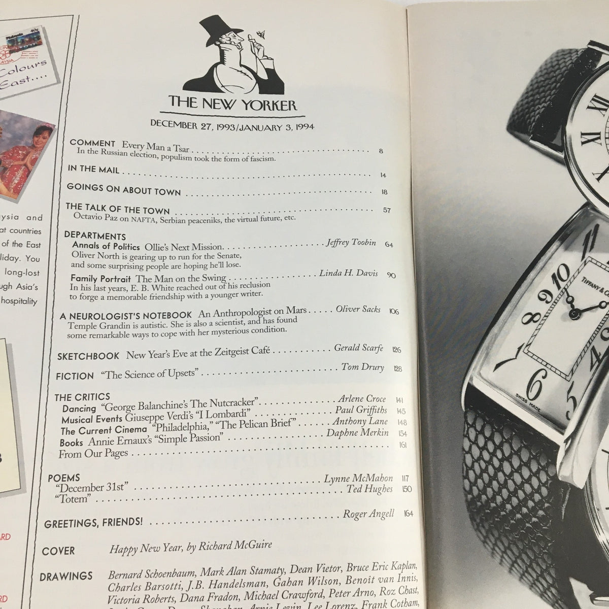Inside view of The New Yorker December 27, 1993 magazine showing the table of contents with various articles and features including a piece by Richard McGuire.