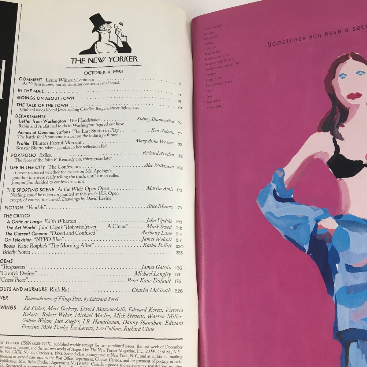 Interior page of The New Yorker October 4 1993 showcasing the contents, including articles and illustrations, underlining the magazine's literary significance.