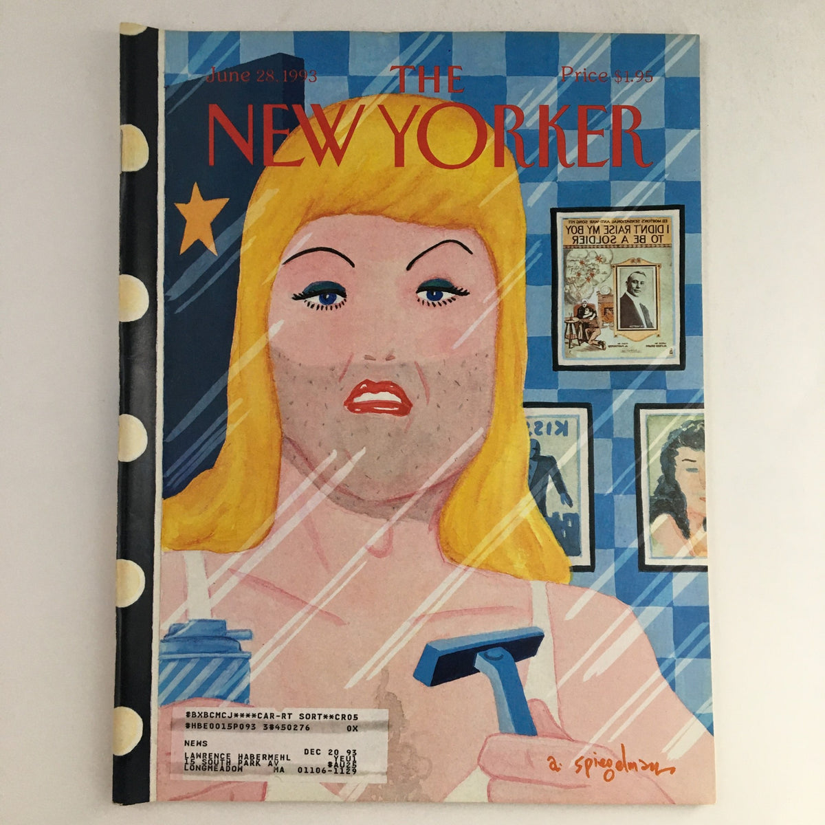 Cover of The New Yorker June 28, 1993 issue featuring artwork by Art Spiegelman. The cover depicts a striking blonde woman with a razor, symbolizing themes of beauty and societal expectations. This full magazine theme cover is a collectible piece of art and history.