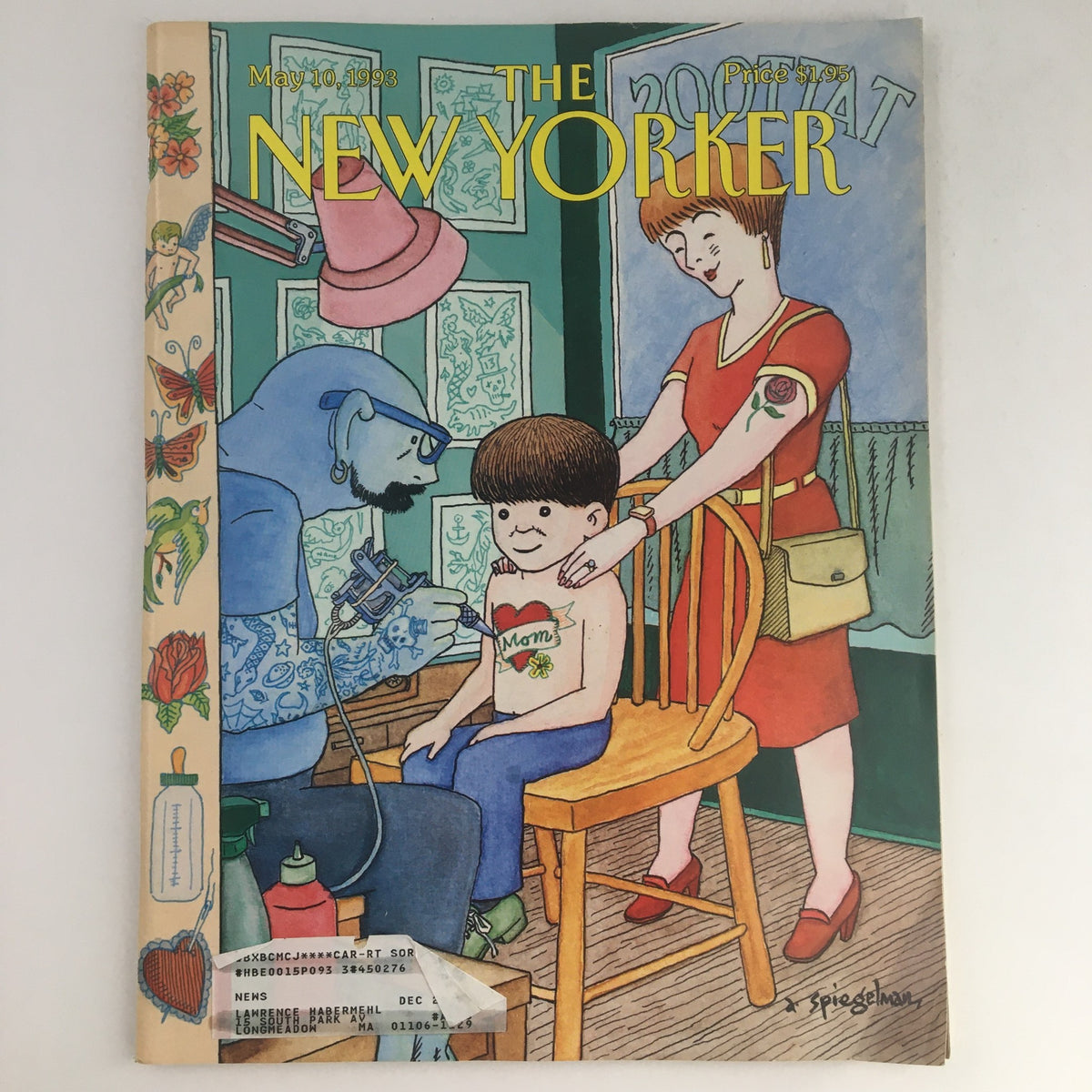 The New Yorker May 10 1993 Full Magazine Theme Cover by Art Spiegelman featuring a tattoo artist applying a tattoo to a boy's arm in a colorful artistic style. The cover reflects the unique cultural commentary of The New Yorker during the early '90s.