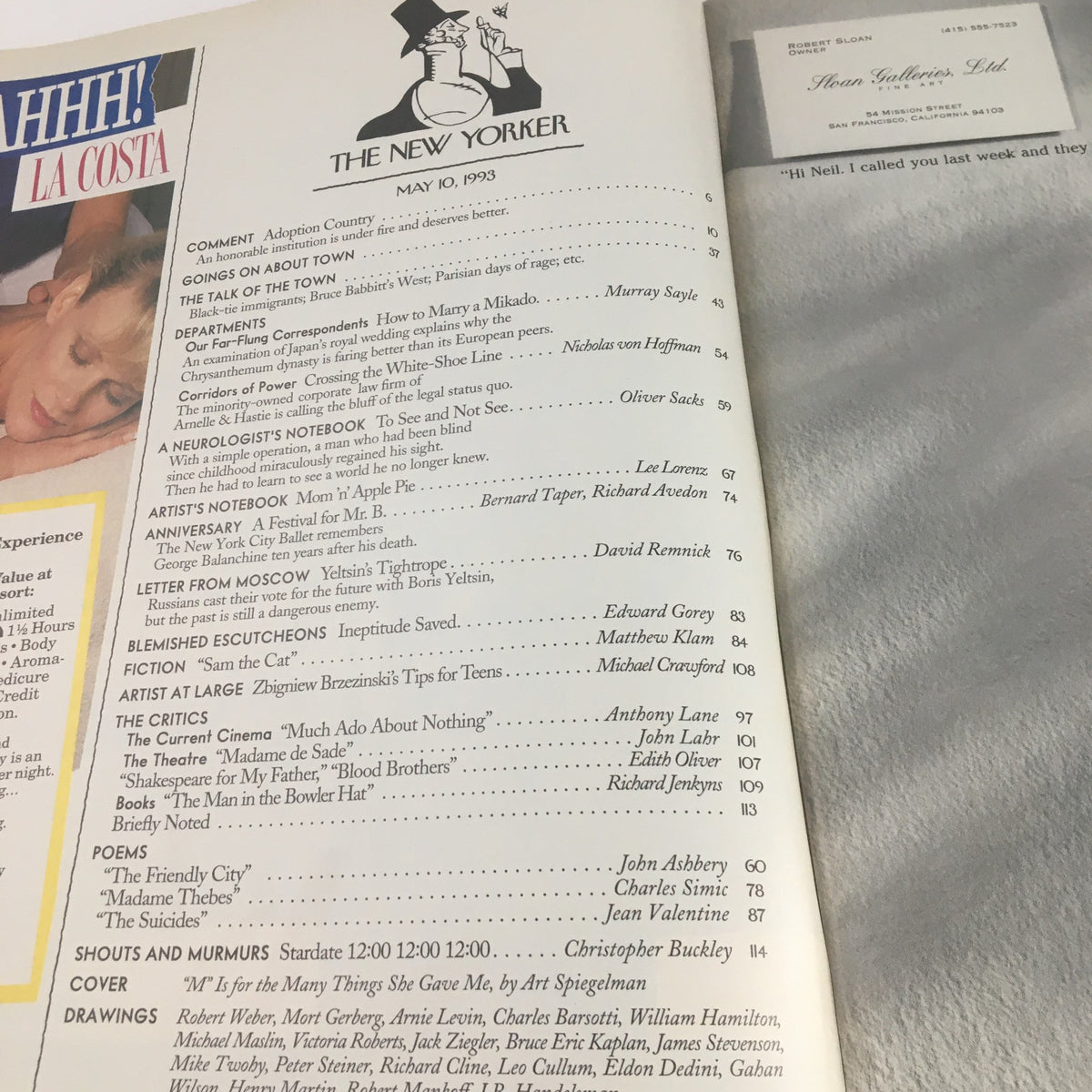 Interior page of The New Yorker May 10 1993 Full Magazine, featuring the table of contents with articles listed and artwork, reflecting the publication's style and layout.