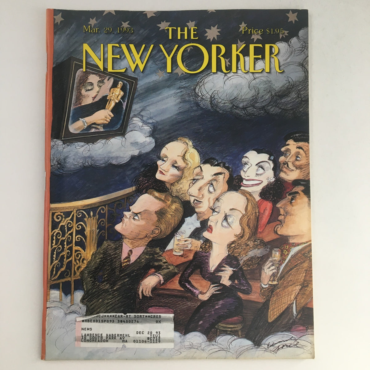 Cover of The New Yorker March 29, 1993, featuring a theme design by Edward Sorel, showcasing a whimsical scene with characters gazing towards an image on screen.