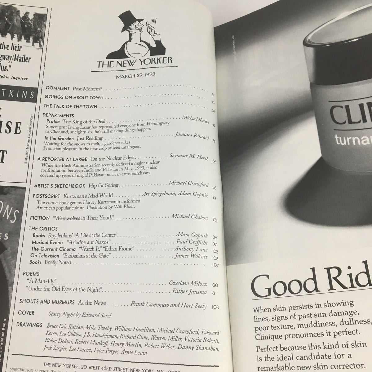 Inside view of The New Yorker March 29 1993 Full Magazine featuring contents page with articles and topics listed, designed by Edward Sorel.