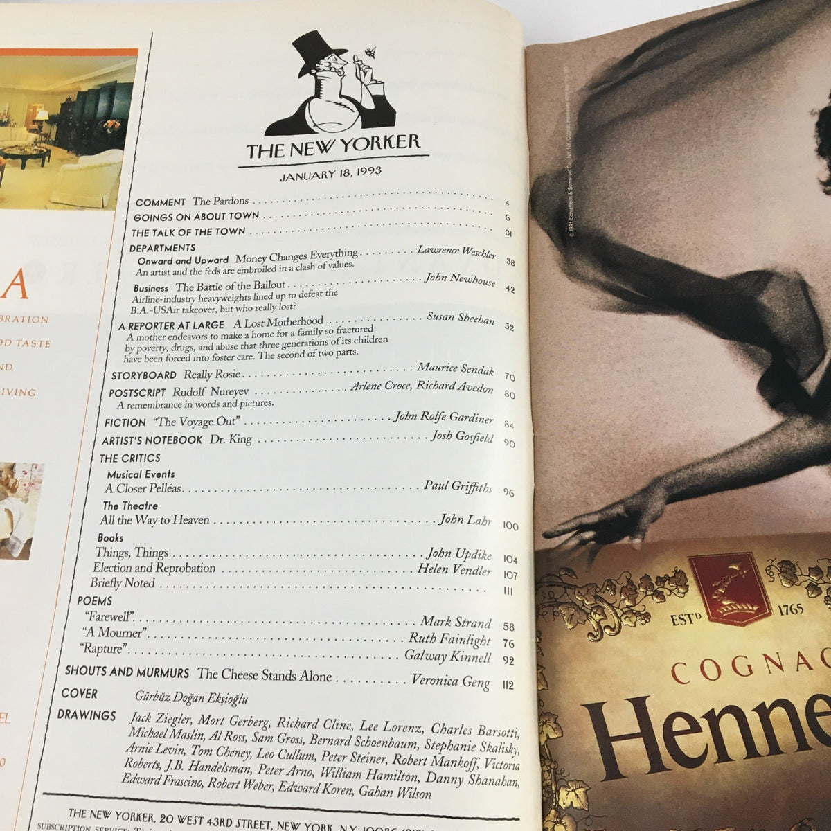 Interior view of The New Yorker magazine dated January 18, 1993, showcasing the contents page and artist Gürbüz Dogan Eksioglu's cover. Features section titles, articles by various authors, and a detailed list of magazine content reflecting cultural moments from the early '90s.