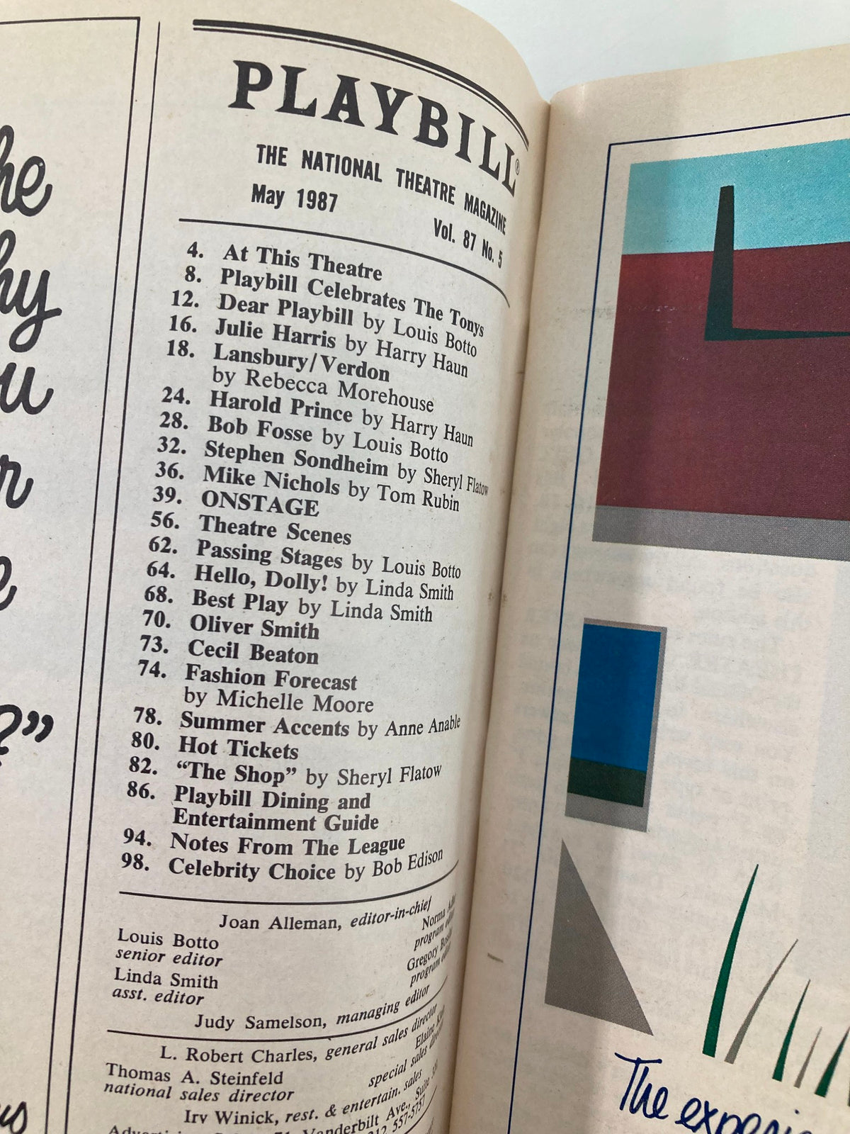 Interior page of the 1987 Playbill for 'Me and My Girl,' showcasing various features from the National Theatre Magazine.