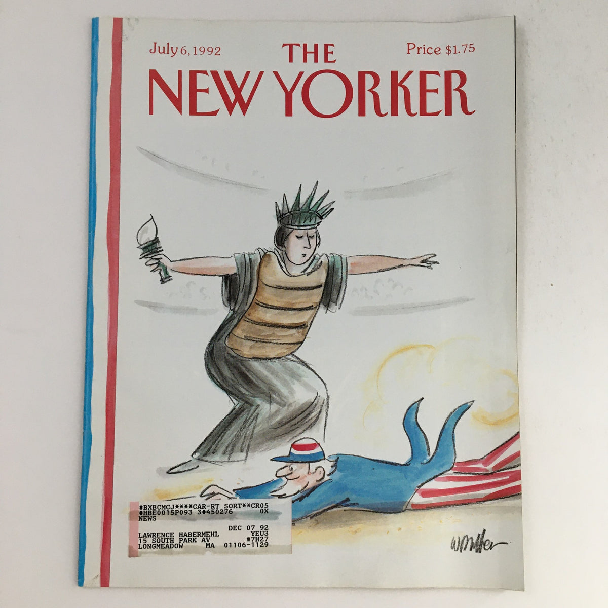 Cover of The New Yorker magazine, July 6, 1992, featuring a humorous illustration by Warren Miller, depicting the Statue of Liberty and Uncle Sam in a playful competition.
