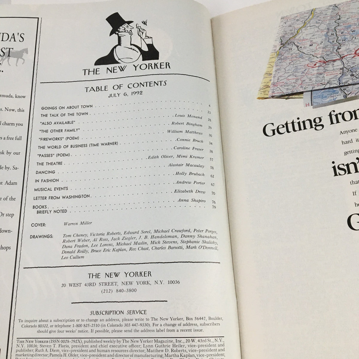 Table of contents page from The New Yorker magazine, July 6, 1992, detailing various articles and contributors, with cover art by Warren Miller.