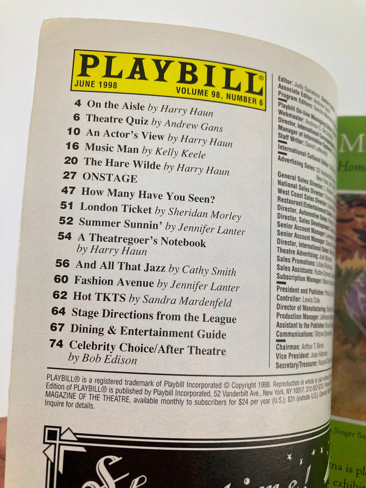 Inside the 1998 Playbill from Royale Theatre featuring the table of contents for June, highlighting various articles including performances.