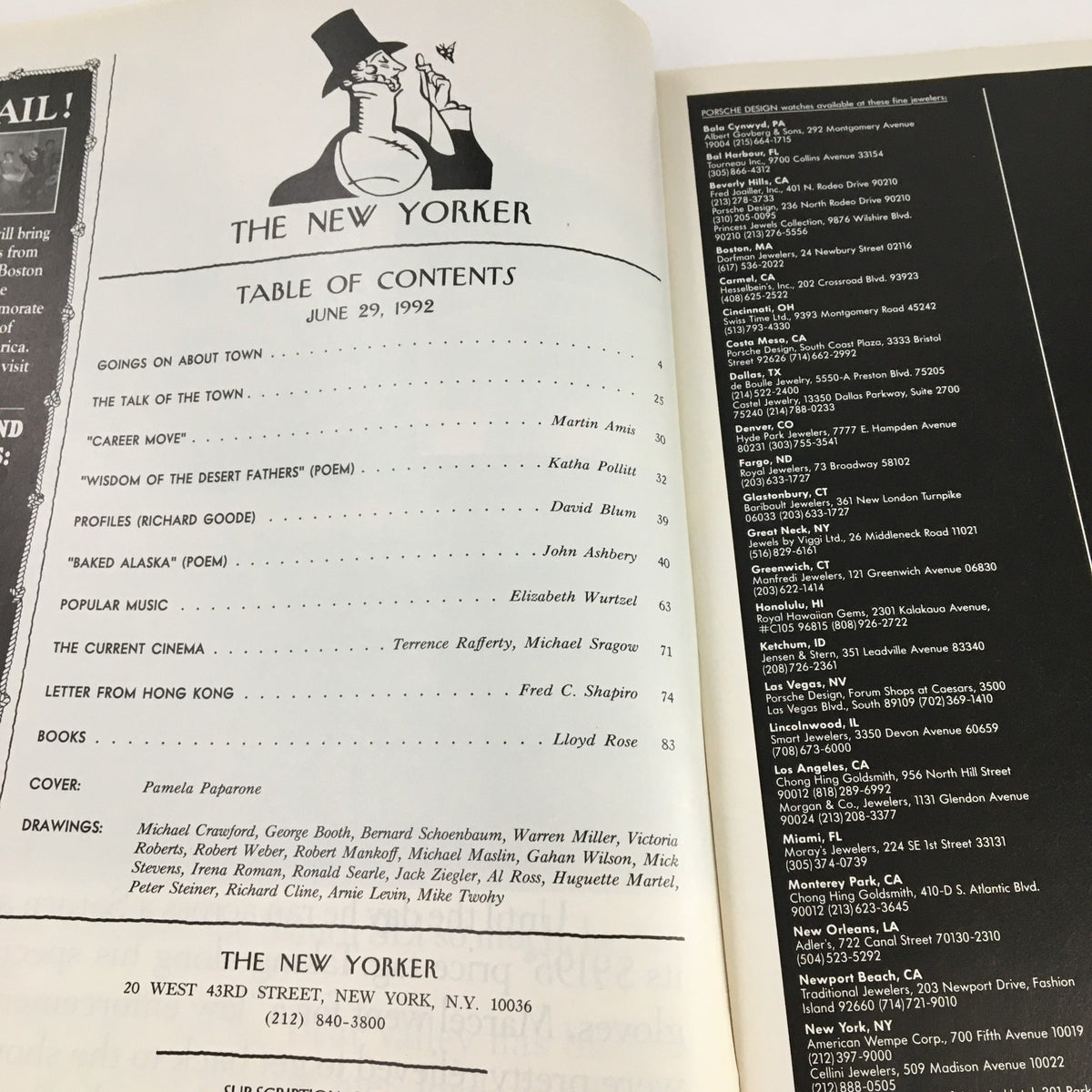 Table of Contents from The New Yorker June 29, 1992 Full Magazine Theme Cover by Pamela Paparone, featuring articles and poems listed in the publication.
