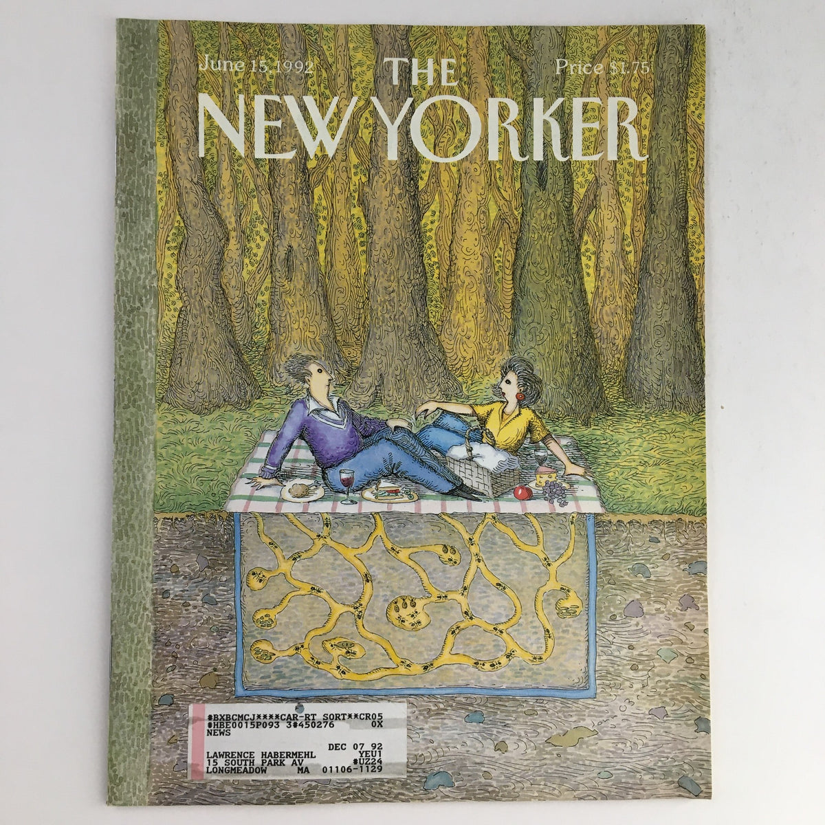 The New Yorker June 15 1992 cover featuring a whimsical illustration by John O'Brien, depicting two people enjoying a picnic in a forest setting.