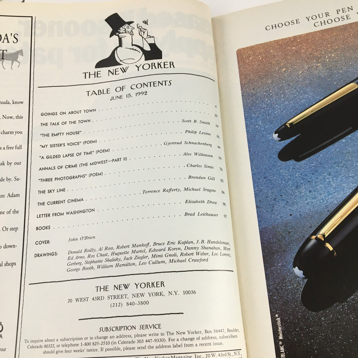The New Yorker June 15 1992 magazine interior page showing the table of contents, designed by John O'Brien, highlighting the issue's articles and contributions.