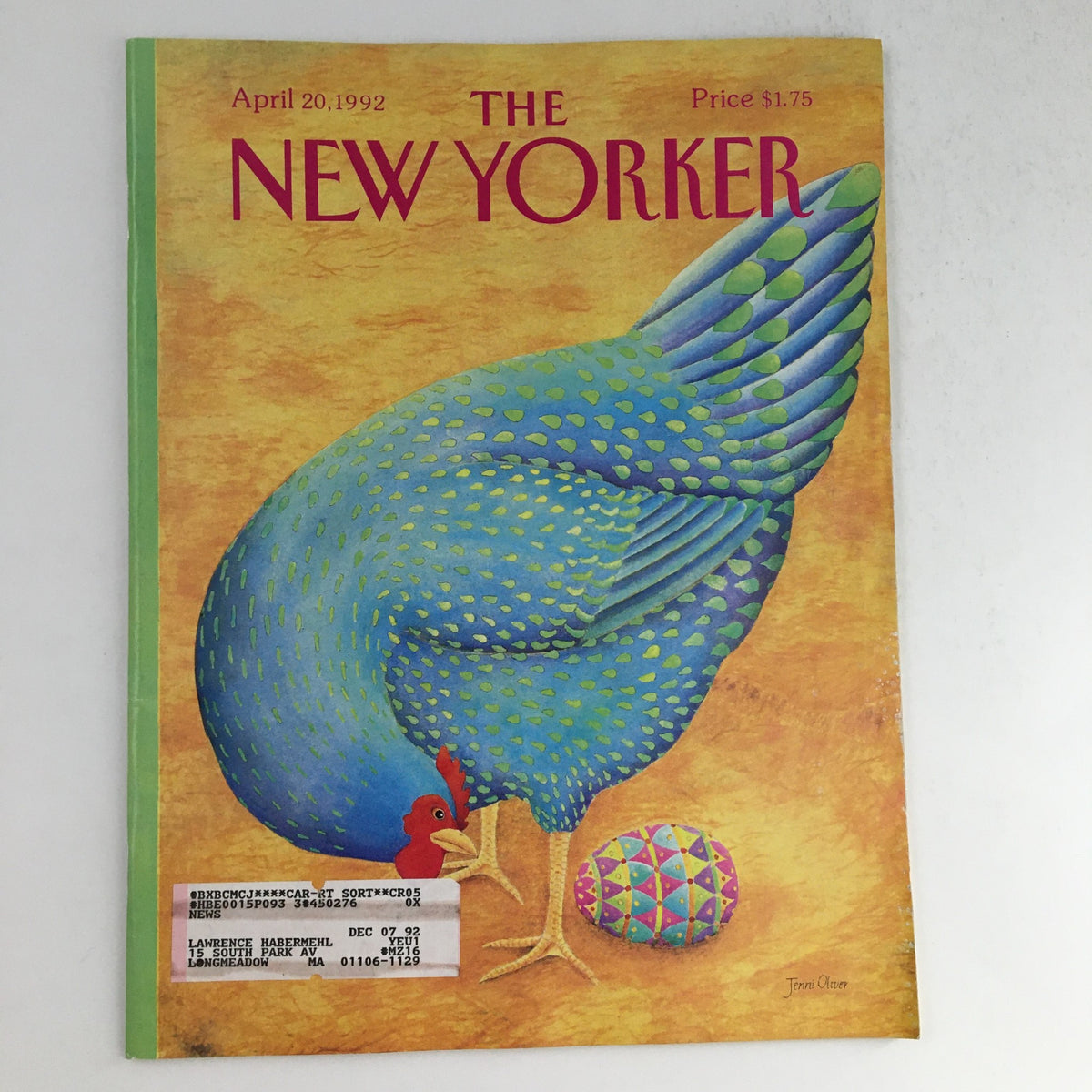The New Yorker April 20 1992 Full Magazine Theme Cover by Jenni Oliver, featuring a colorful chicken illustration and decorative egg, showcasing the artistic style of the early '90s.