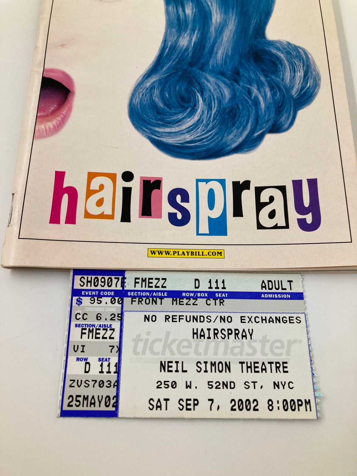 2002 Playbill for Hairspray at Neil Simon Theatre featuring the original ticket for the show.