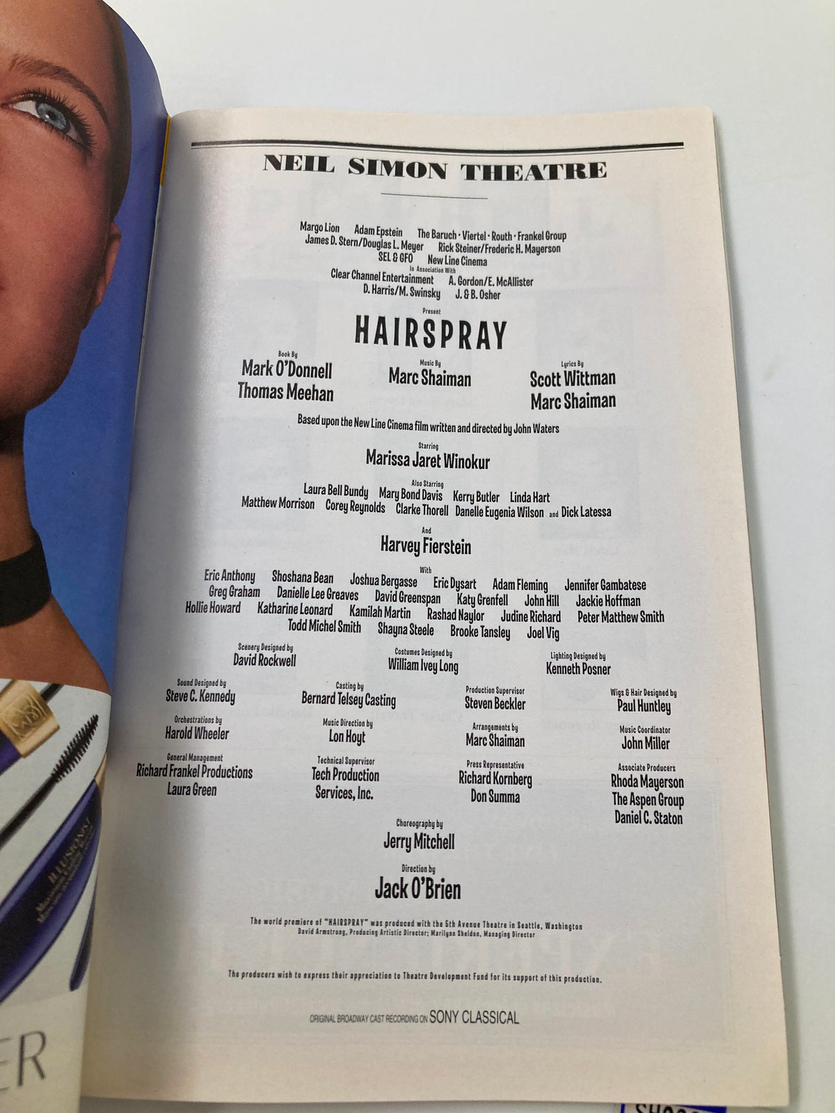 Cast and crew page for Hairspray in the 2002 Playbill from Neil Simon Theatre.