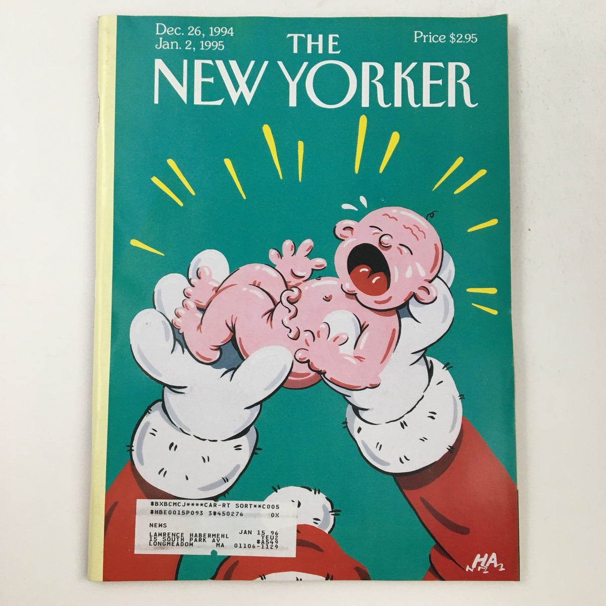 Cover of The New Yorker, December 26, 1994, featuring a whimsical illustration by Bob 'HA' Zoell, depicting a Santa figure joyfully holding a crying baby against a bright turquoise background.