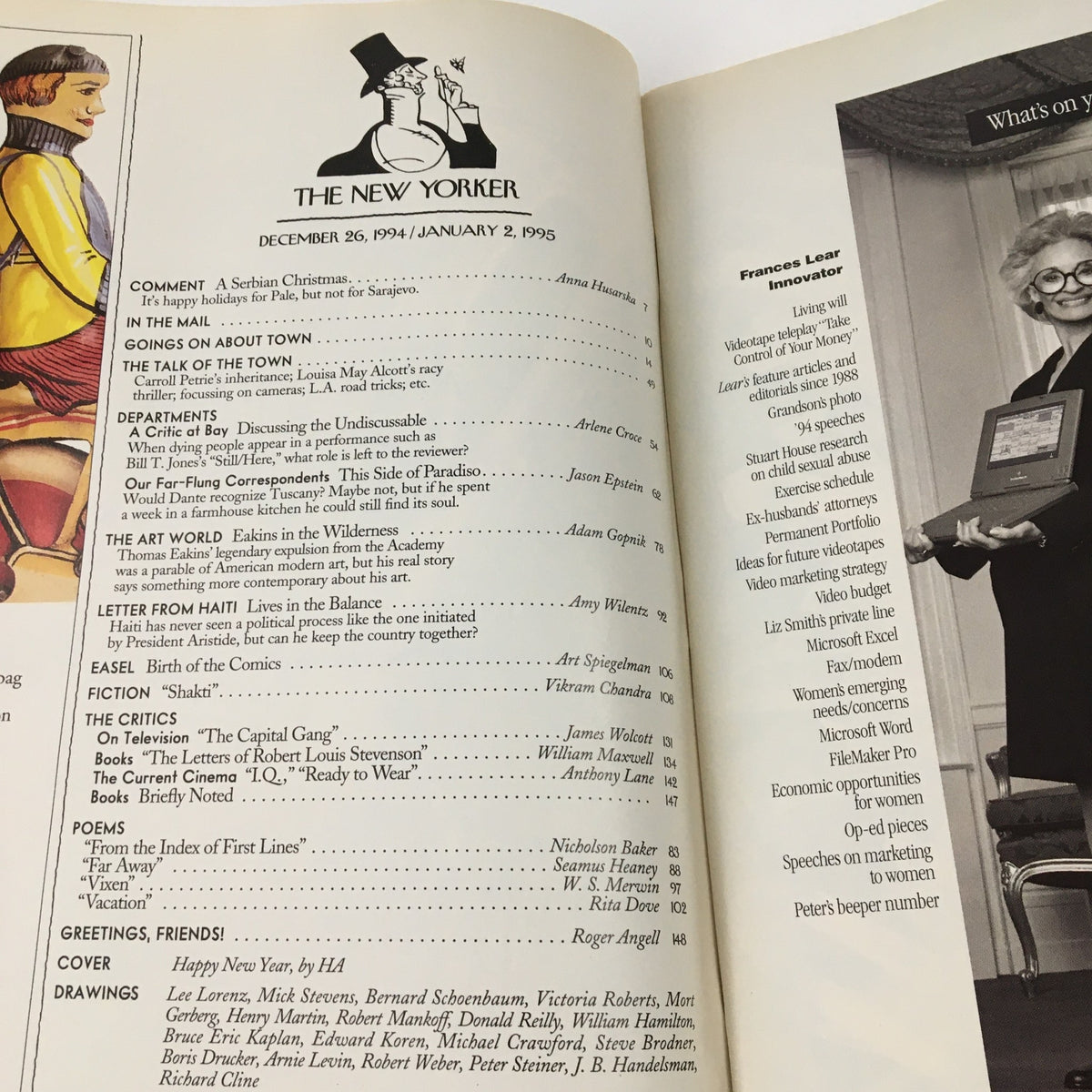 Table of contents page from The New Yorker, December 26, 1994, highlighting various articles and features included in this issue, showcasing the magazine's structure and editorial content.