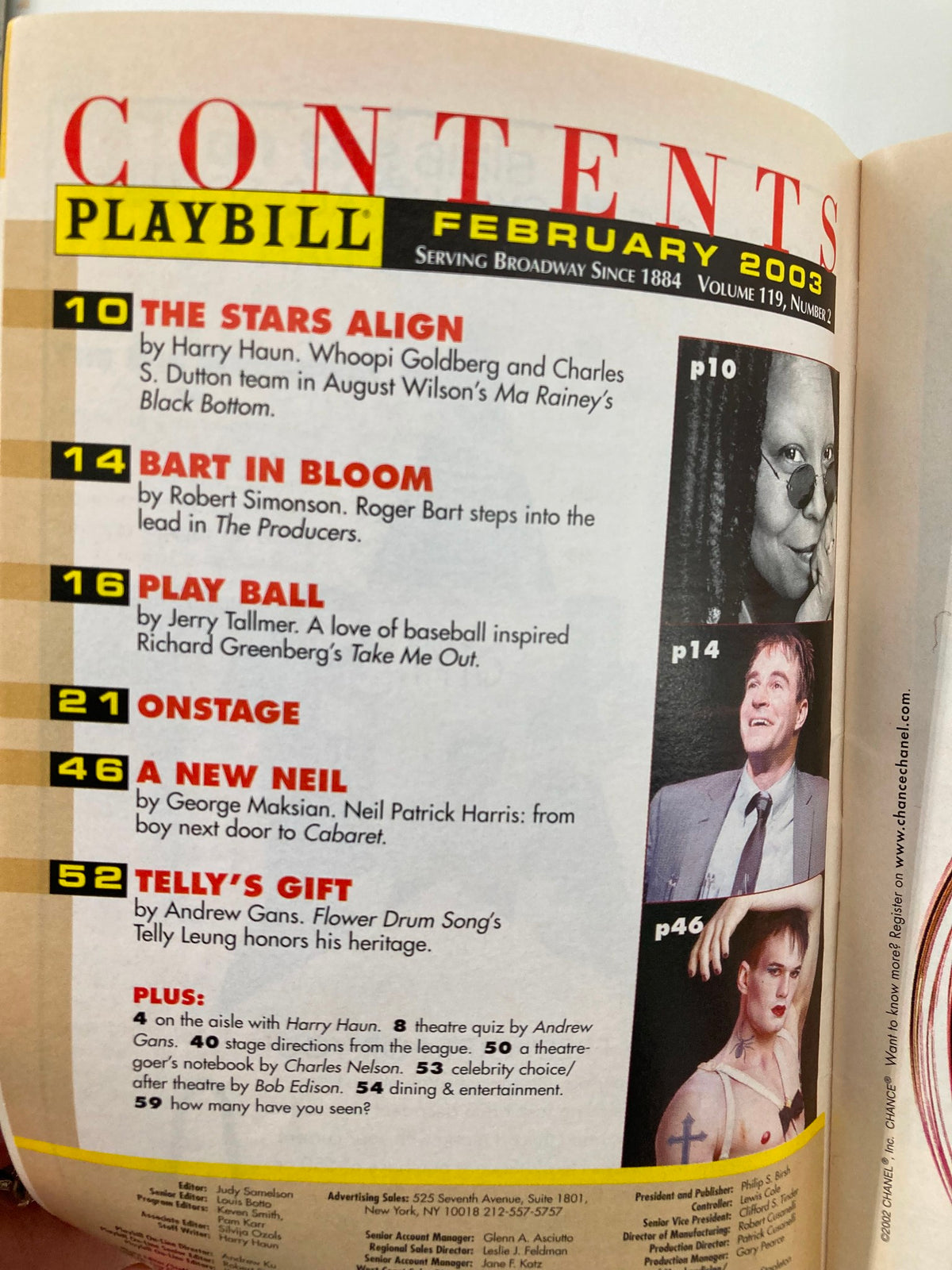 Inside contents page of the February 2003 Playbill for Ma Rainey's Black Bottom, detailing articles and features related to the production.