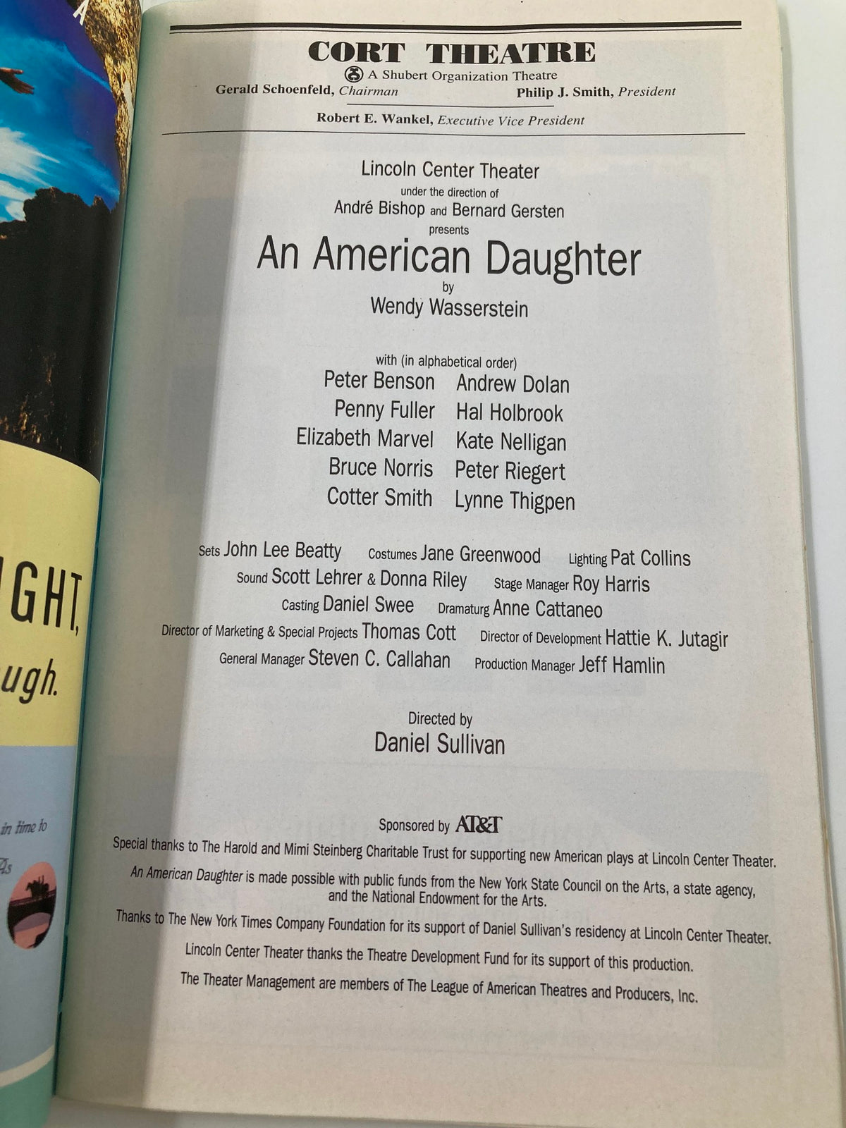 Detailed page from the 1997 Playbill for 'An American Daughter' at the Cort Theatre, featuring cast details and production credits for the play directed by Daniel Sullivan.