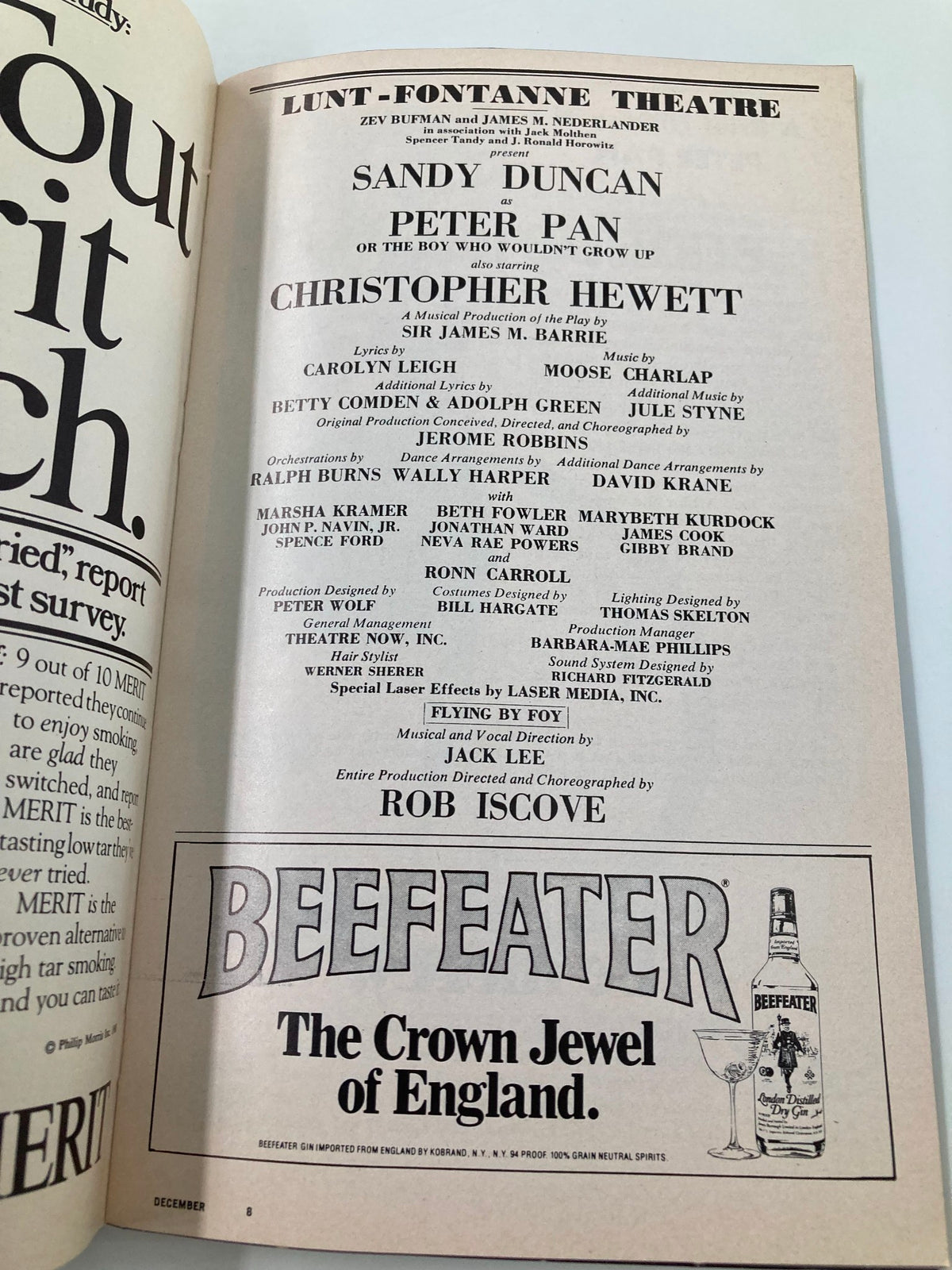 Lunt-Fontanne Theatre advertisement from the December 1980 Playbill for 'Peter Pan,' showcasing Sandy Duncan and Christopher Hewett, along with branding for Beefeater Gin.