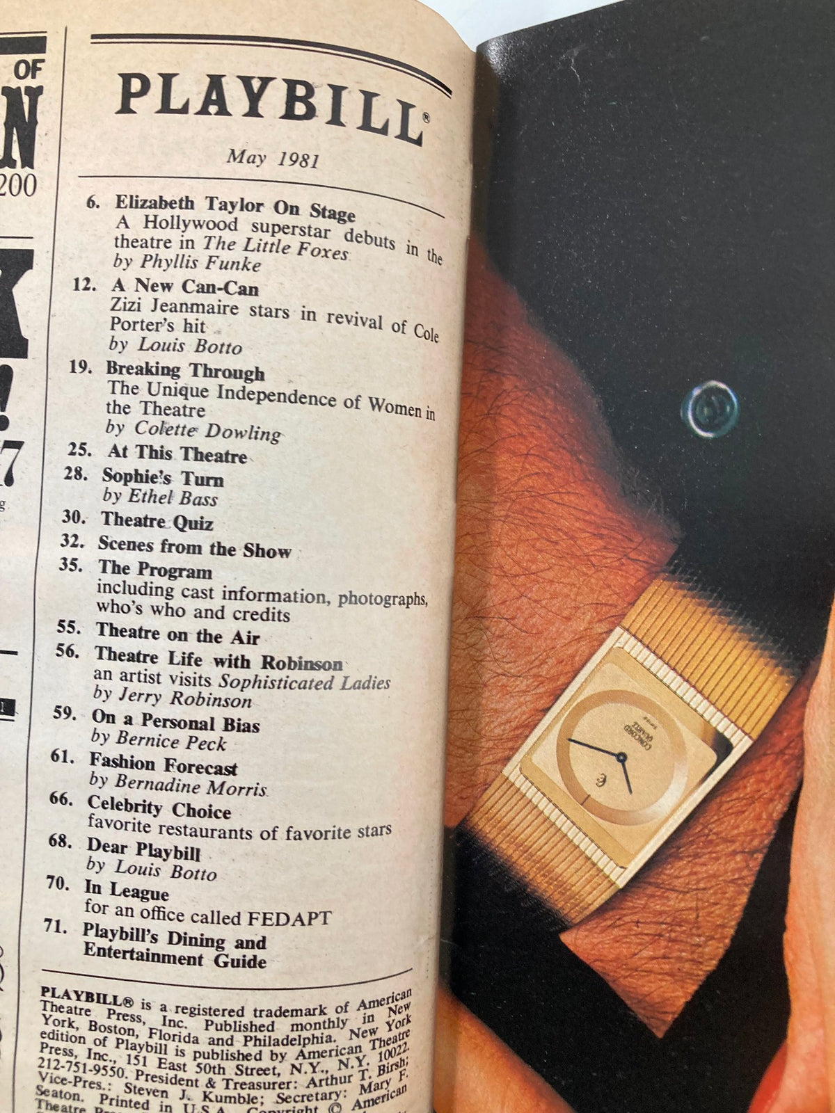 Inside view of 1981 Playbill for Sugar Babies, highlighting the page with May 1981 contents and theater listings, part of iconic Broadway history.