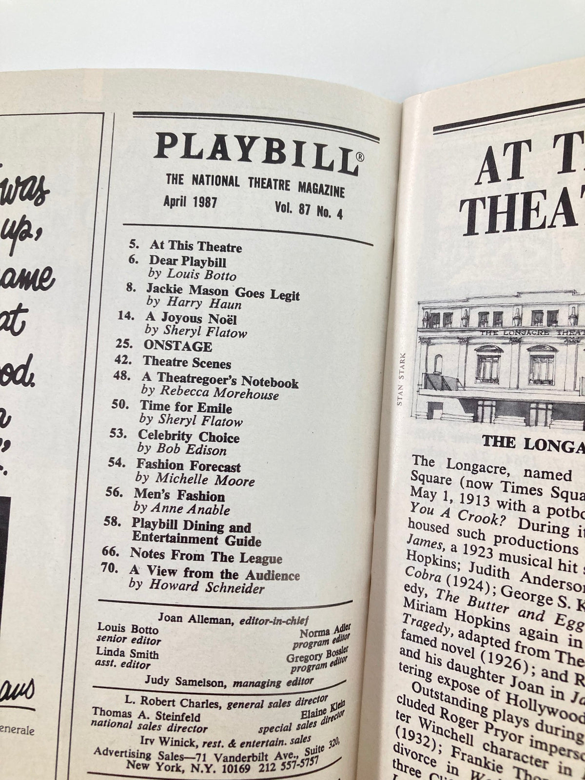 Inside page of the April 1987 Playbill showcasing content and features, part of The Musical Comedy Murders of 1940.
