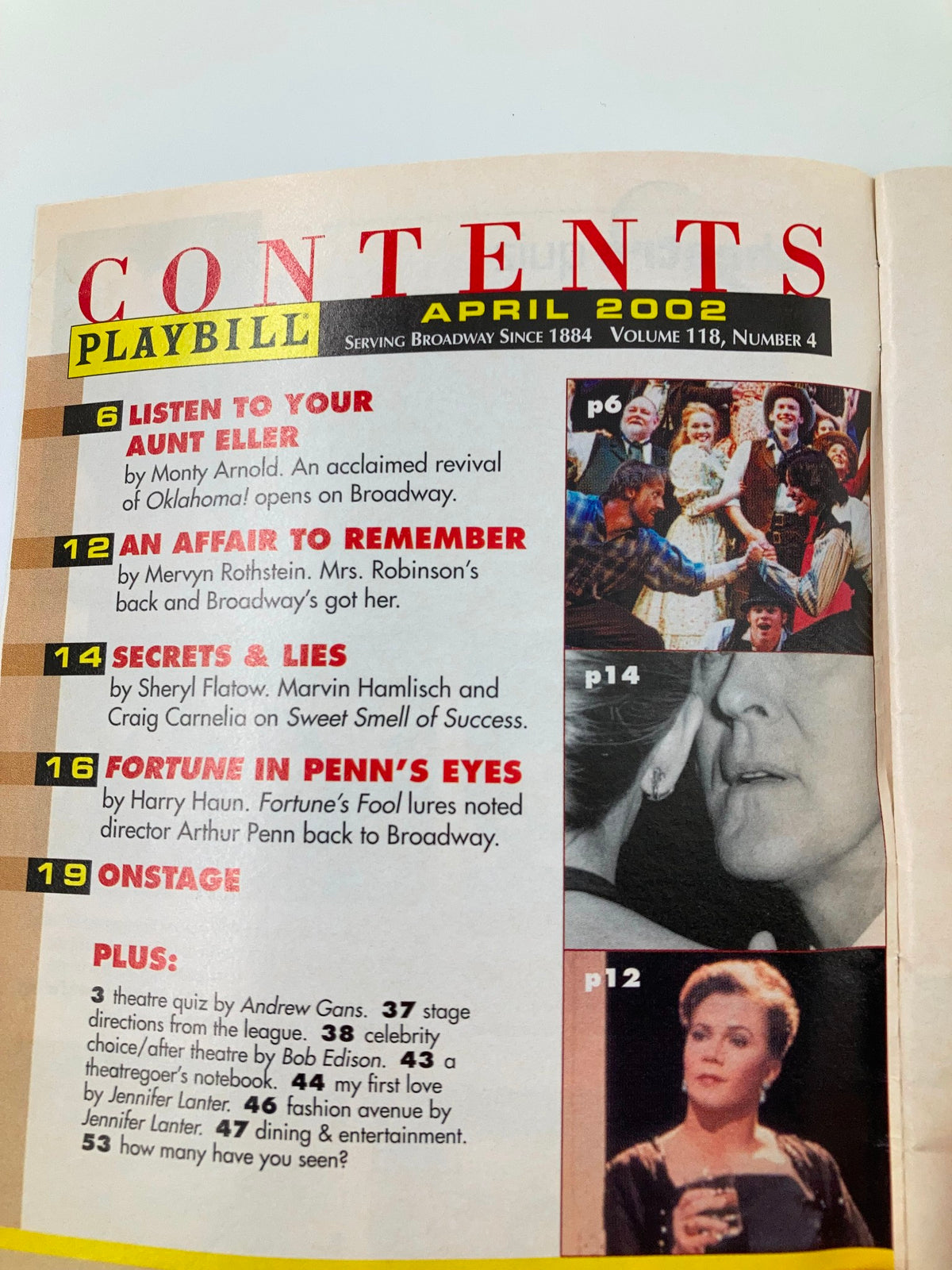 Contents page from the April 2002 Playbill, showcasing articles and features including 'Listen to Your Aunt Ethel' and 'An Affair to Remember'.